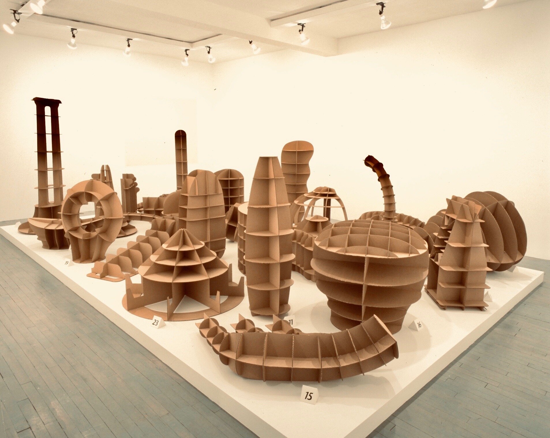 Bones. 1996
cardboard, painted numbers, plaster base
28 forms. 6': 12': 20'