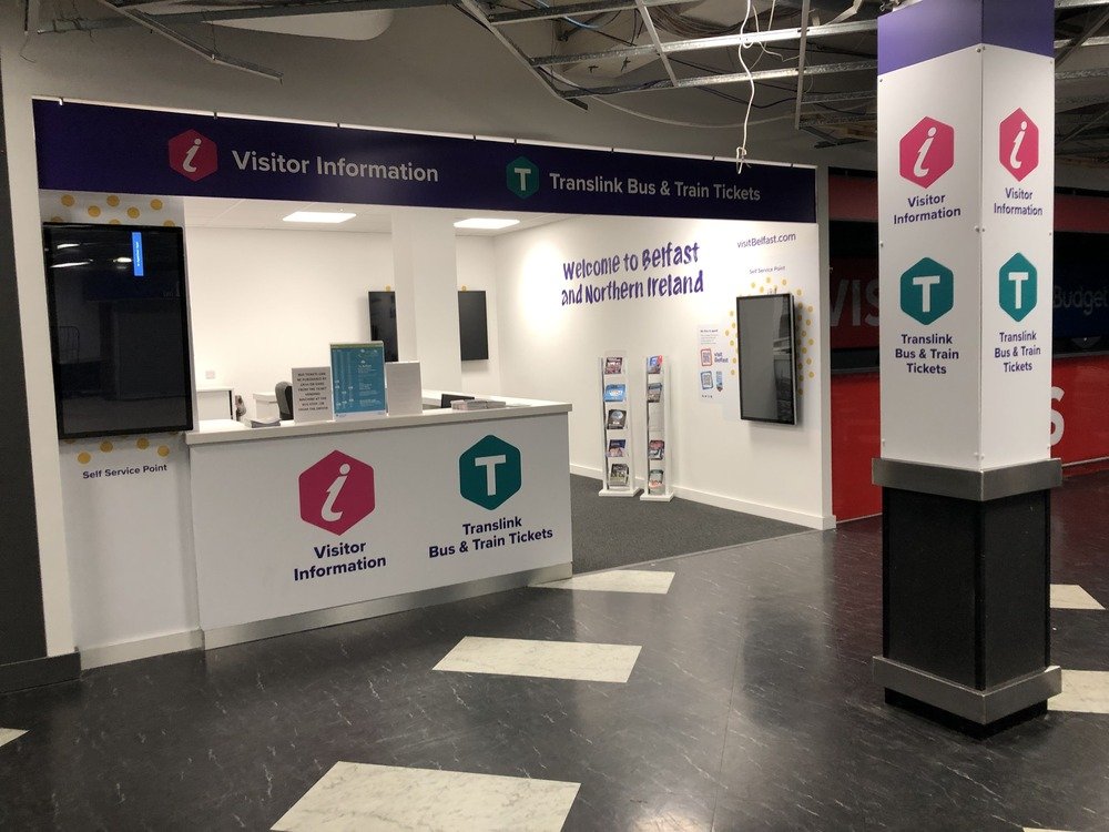 Tourist Information and Translink Desk inside the arrivals terminal at Belfast International Airport