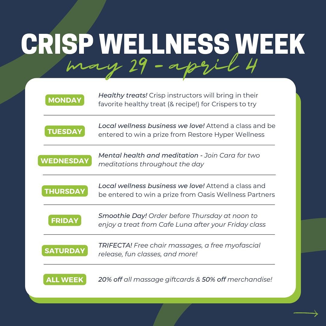 Next week is Crisp Wellness Week! 🌟 From April 29th to May 4th, join us for a rejuvenating week focused on nurturing your mind, body, and soul. Each day brings a unique theme and exciting activities, as we collaborate with our beloved local business