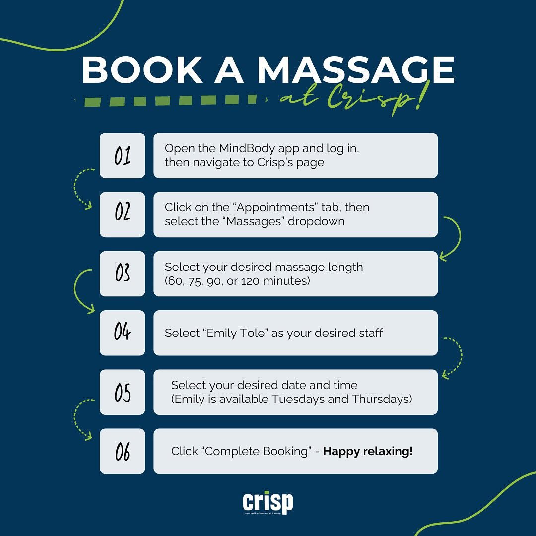 Ready to unwind? 🌿 Book your massage with Emily Tole at Crisp in just a few taps! Here&rsquo;s how: 
1. Open the MindBody app and log in, then avigate to Crisp&rsquo;s page, 
2. Click on &ldquo;Appointments&rdquo; and choose &ldquo;Massages,&rdquo; 