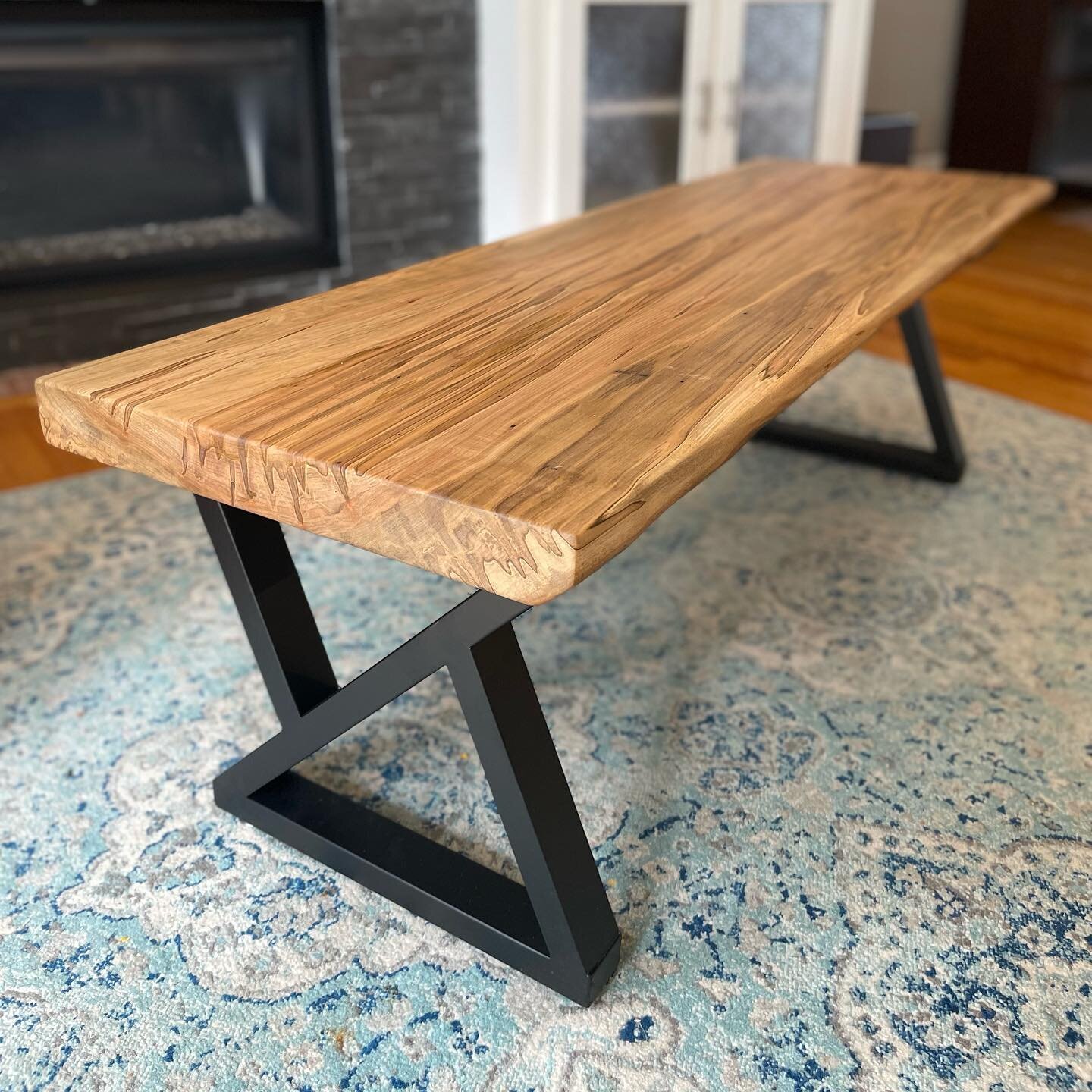For sale! Made by Live Well Build Co. Wormy maple bench with triangular black metal legs. 18&rdquo; D x 54.25&rdquo; W x 18.5&rdquo; H Great as an entryway bench, end of your bed bench or whatever else you have in mind! Finished in a satin hard wax b