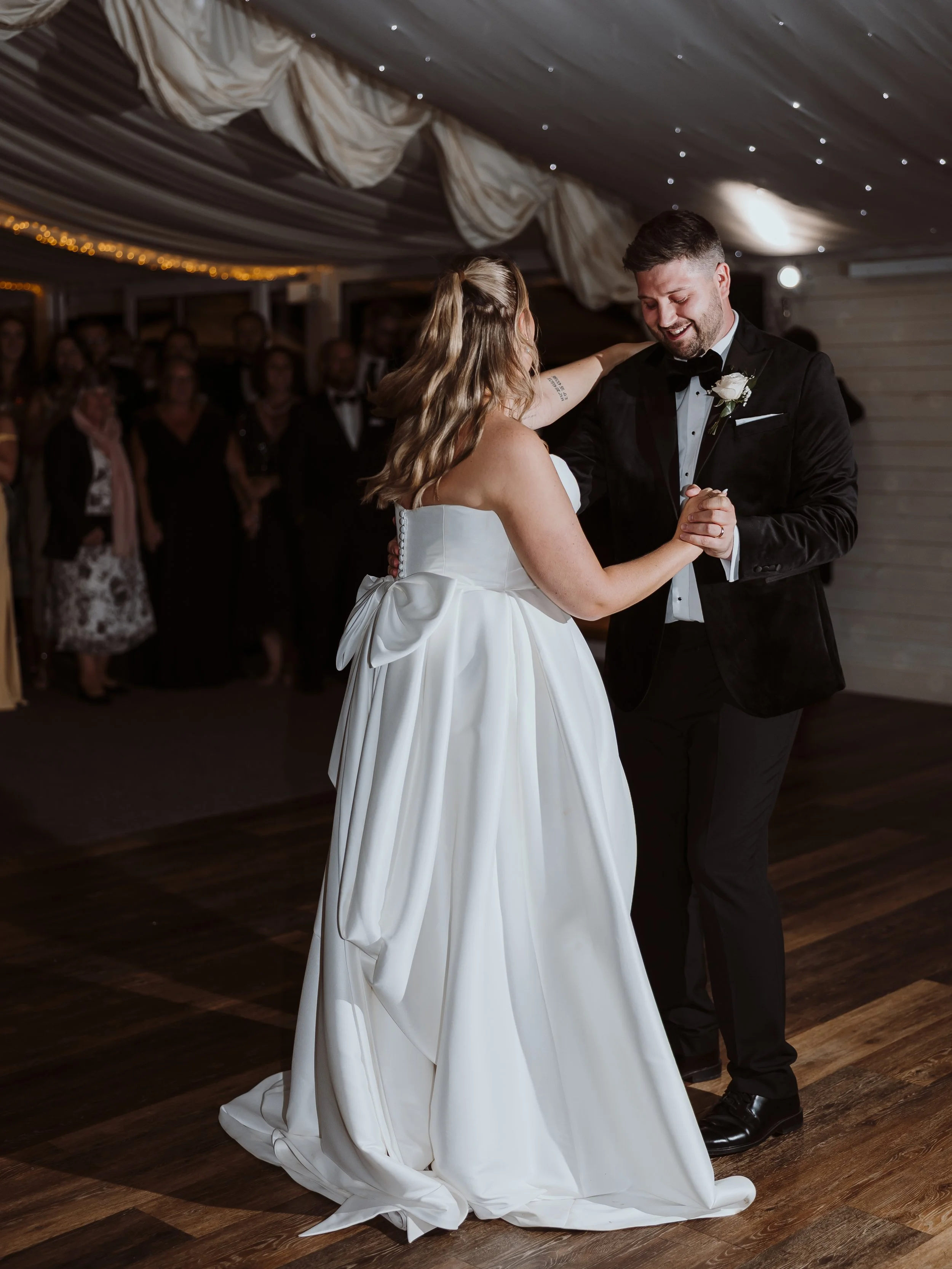 Bride and groom sharing their first dance during the evening reception at Llanerch Vineyard in South Wales