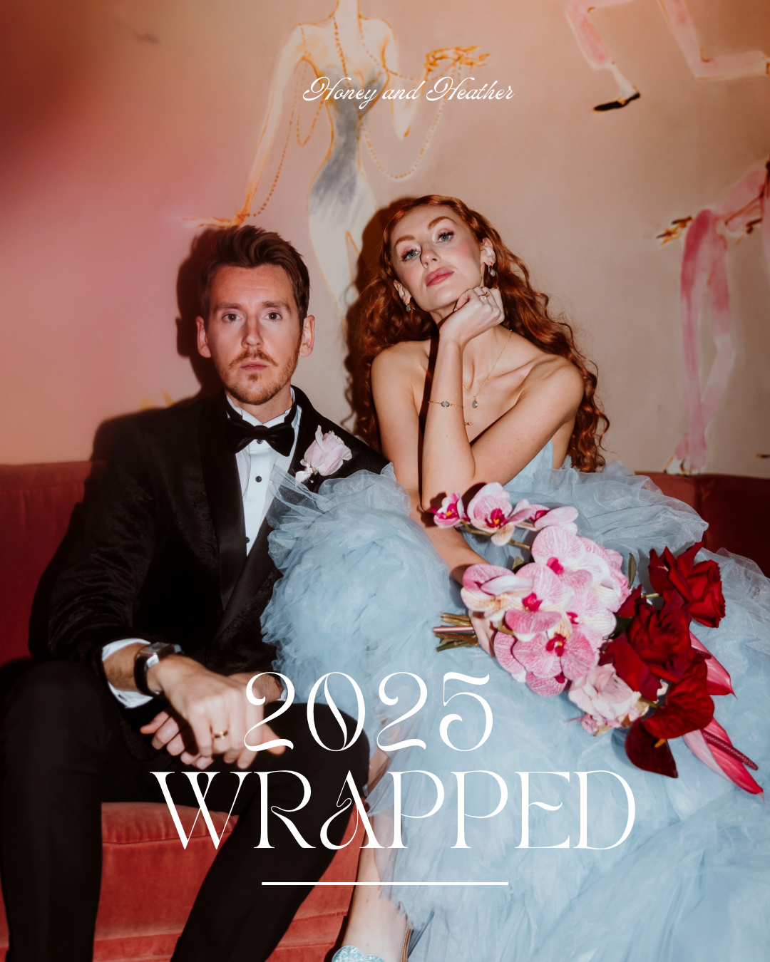 Stylish bride and groom sitting on a velvet sofa with dramatic fashion styling and floral bouquet, photographed in a moody editorial wedding style, with ‘2025 Wrapped’ text overlay.