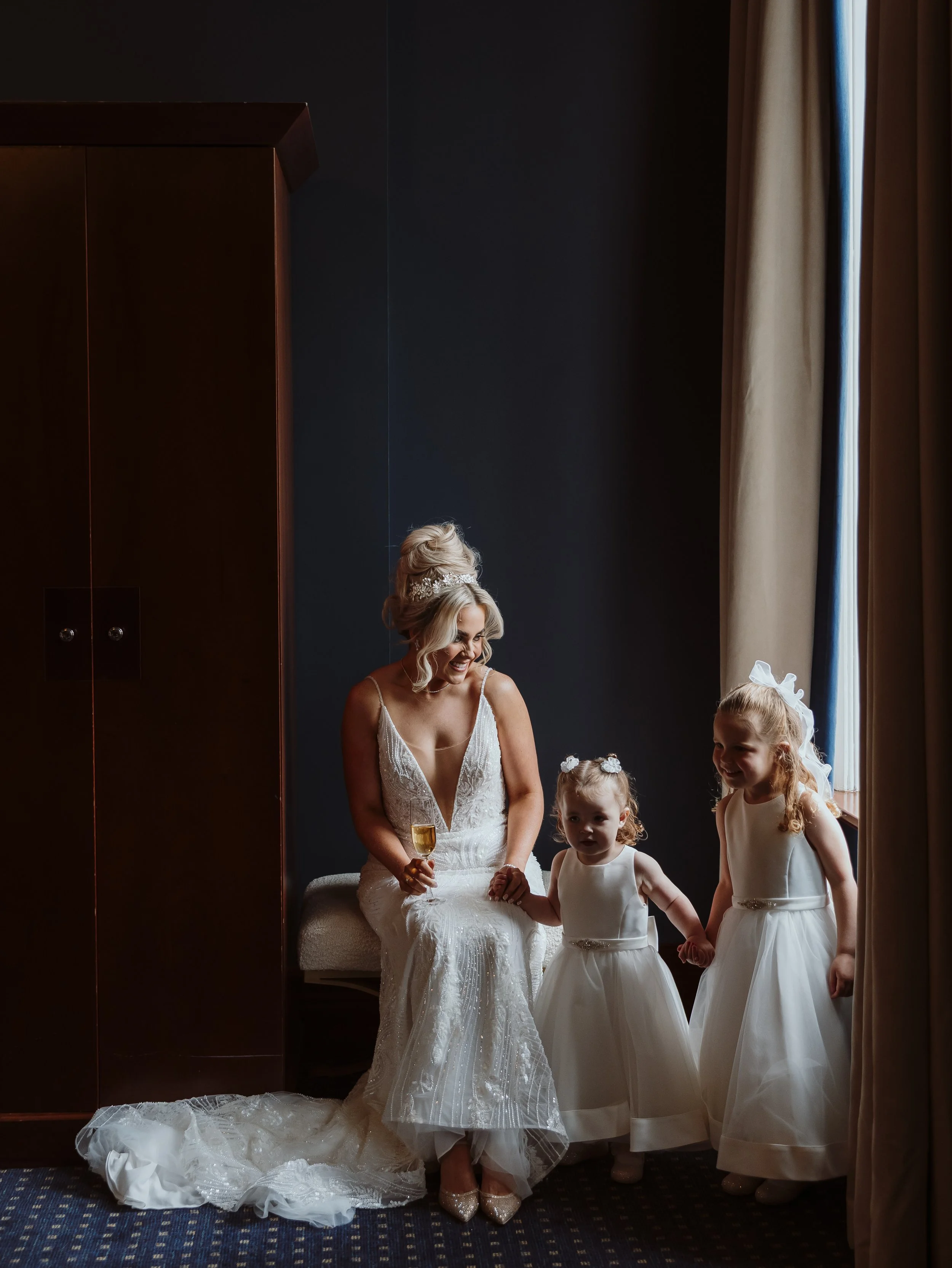A bride with her two flower girls before the wedding ceremony in Worcester.