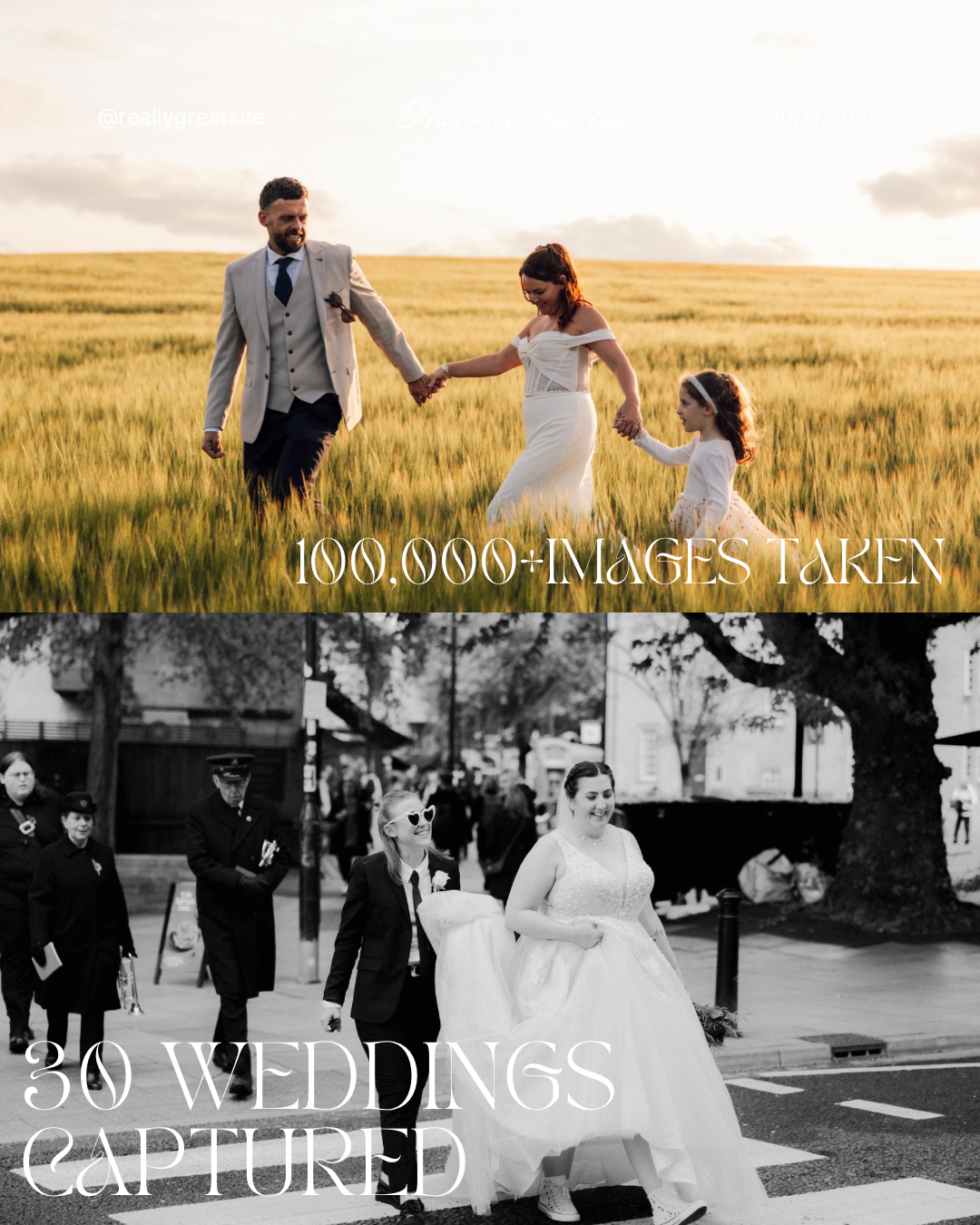 Bride, groom and young child holding hands while walking through a golden field at sunset during a family wedding portrait session, with ‘100,000+ images taken’ text overlay.