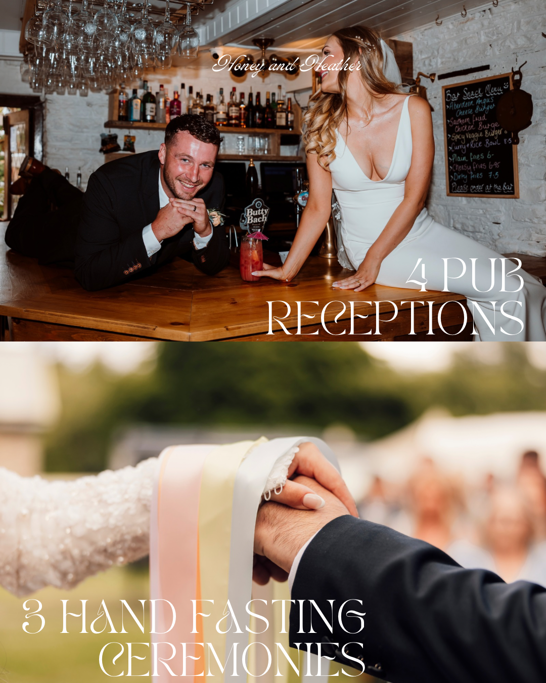 Bride and groom laughing and leaning on a pub bar during their relaxed wedding reception, surrounded by drinks and bar décor, with ‘4 pub receptions’ text overlay.