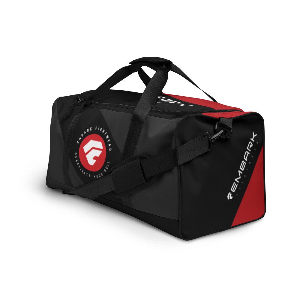 Black athletic or Jiu-Jitsu training bag in three quarter view with red graphics and white screen printed logo