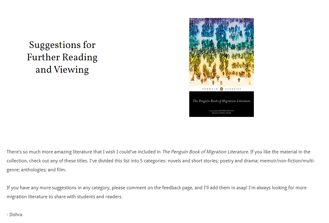 Suggestions for further reading and viewing: the&nbsp;Penguin Book of ​Migration Literature 