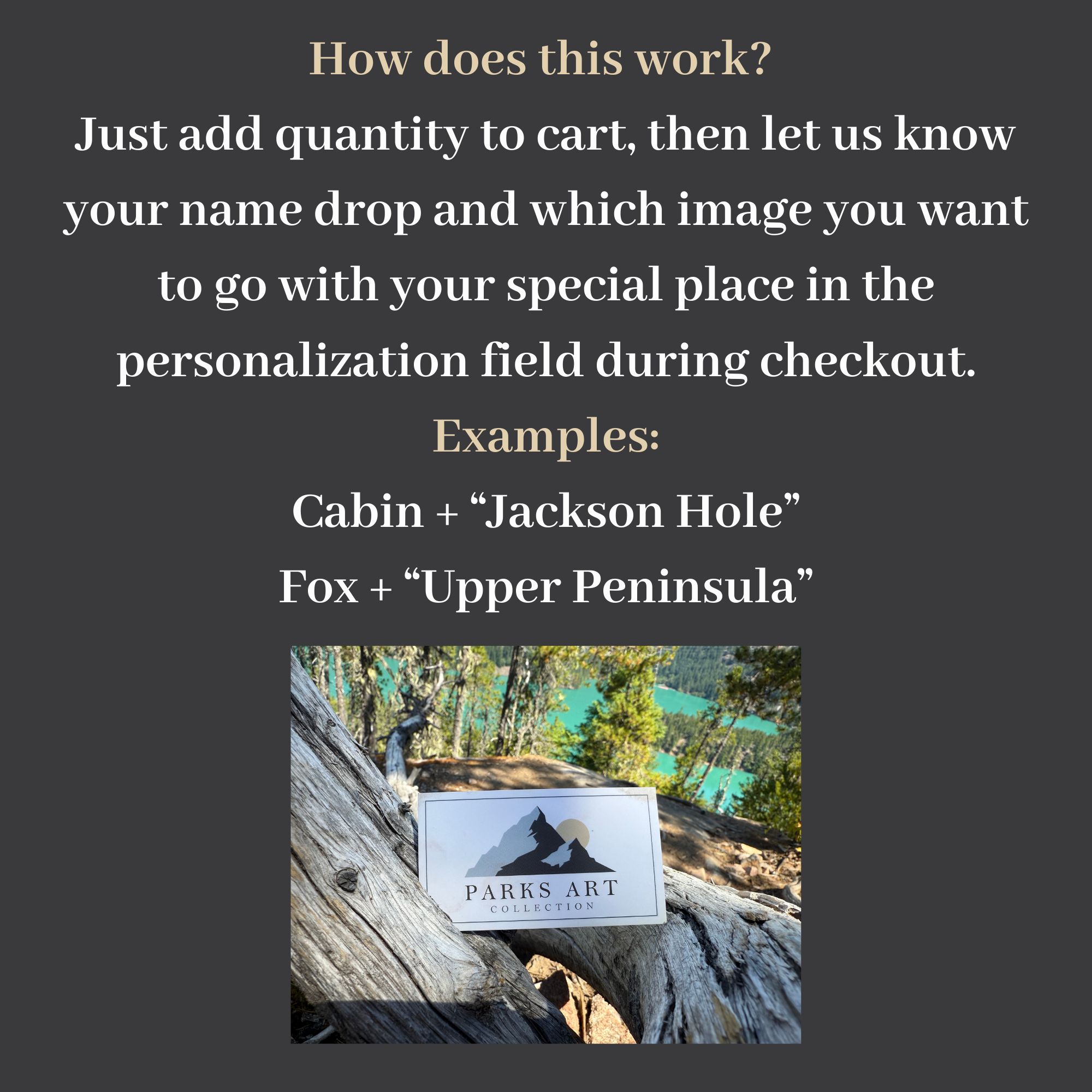 Instructions on customizing a product during checkout, with an example photo of a scenic outdoor location showing a