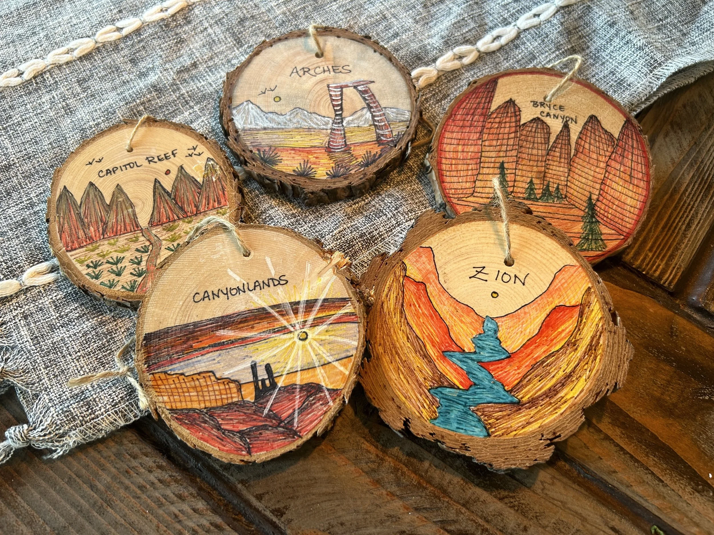 Hand Drawn Landscape Ornament on Pine Wood 3.5-4" (Wholesale Only) | WS: $12, SRP: $21-28