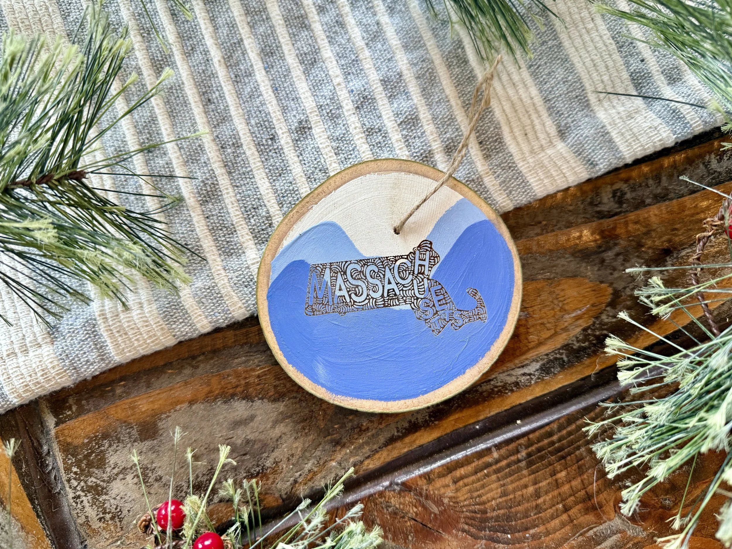 Massachusetts Hand Painted Engraved Ornament- MULTIPLE COLORS