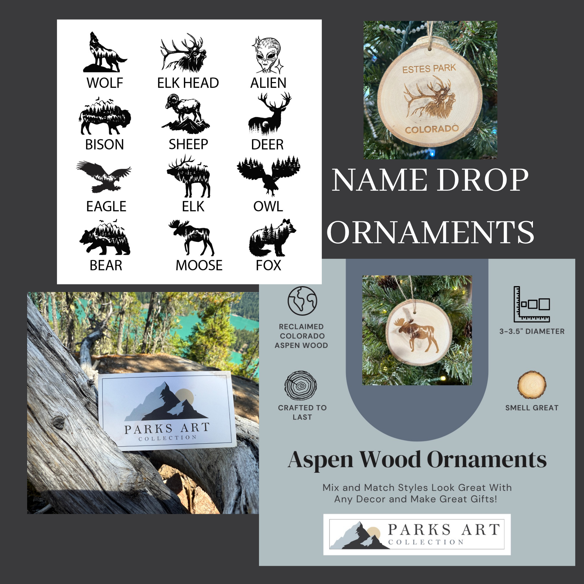 Collection of black and white wood ornament designs featuring images of wildlife such as wolf, elk head, alien, bison, sheep, deer, eagle, elk, owl, bear, moose, and fox, with text labels. A wooden tree ornament with the text 'Estes Park, Colorado' depicts a deer with antlers. The background shows a mountain scene, trees, and a tree ring icon. The text on the right reads 'Name Drop Ornaments' and promotional text about mixing and matching styles for gifts.