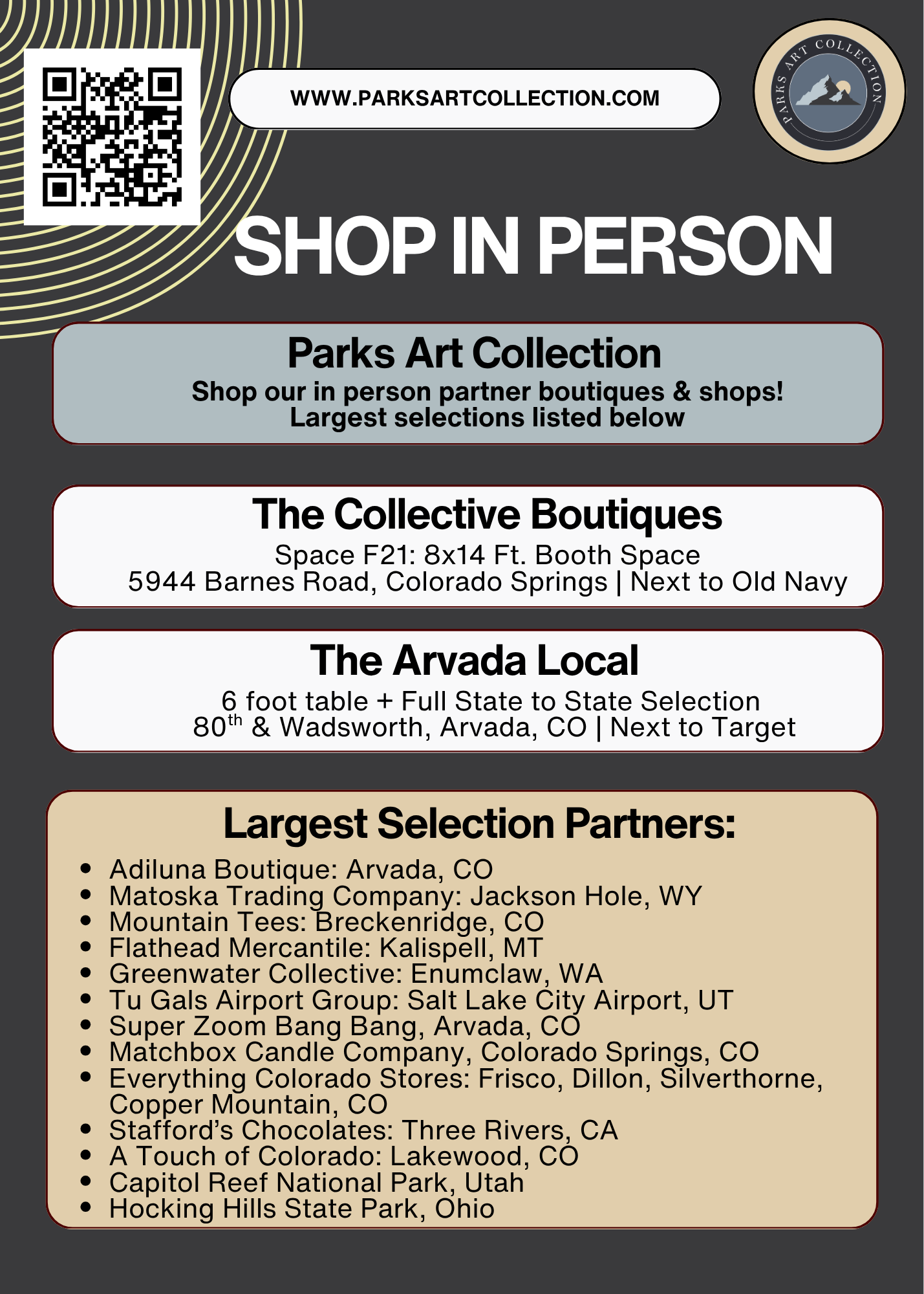 A promotional flyer for Parks Art Collection, advertising in-person shopping options at a booth located at 5944 Barnes Road, Colorado Springs, next to Old Navy, in Space F21, measuring 8x14 feet. The flyer lists various local boutiques and shops, and encourages supporting regional artisans and retailers.