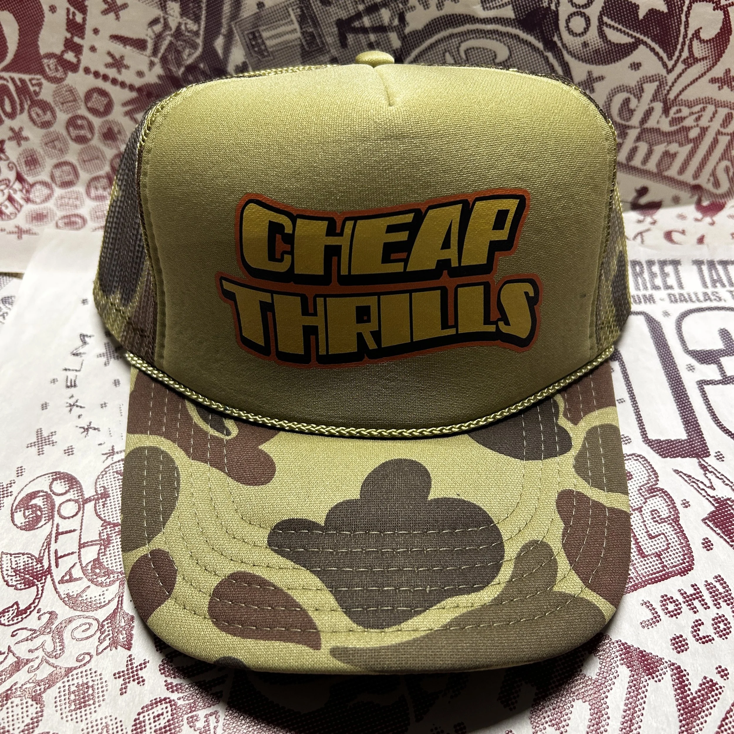 Cheap Thrills Swoosh Logo Graphic Printed Light Camo Trucker Hat