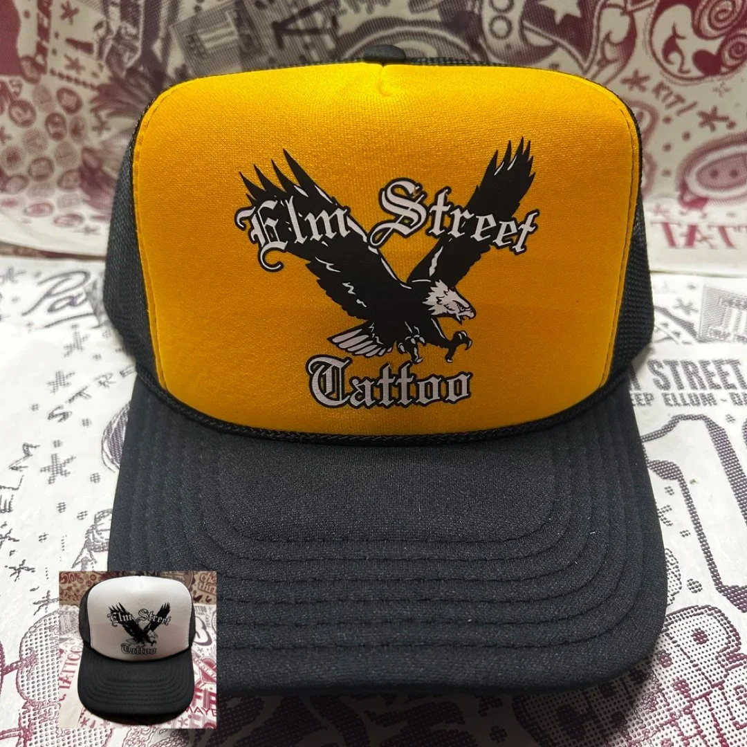 Elm Street Tattoo "Fly Like The Eagle" Graphic Print Trucker Hat (Colors: Black/Gold | Black/White)