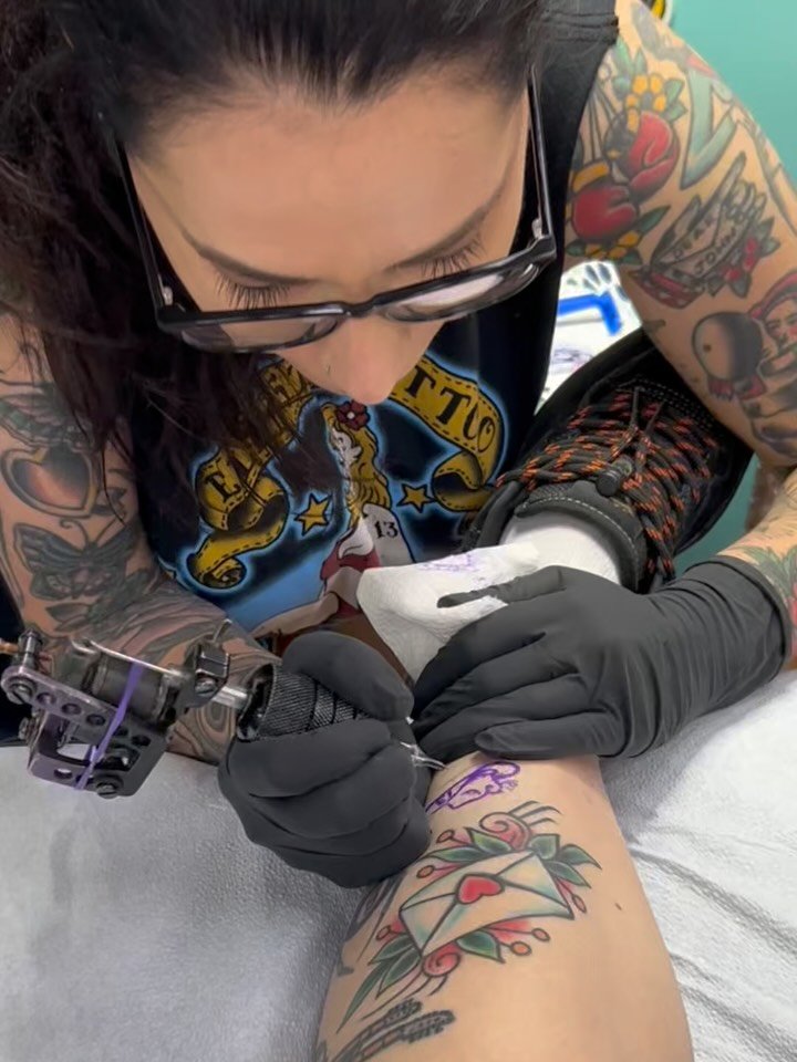 Who&rsquo;s ready for the first Friday 13 of the year?? Only a month away! Oliver is working up some sick shirt designs so stay tuned and keep your eyes peeled for the presale 👀.
This is our very own Emily from Anchor getting her first 13 tattoo. Ho