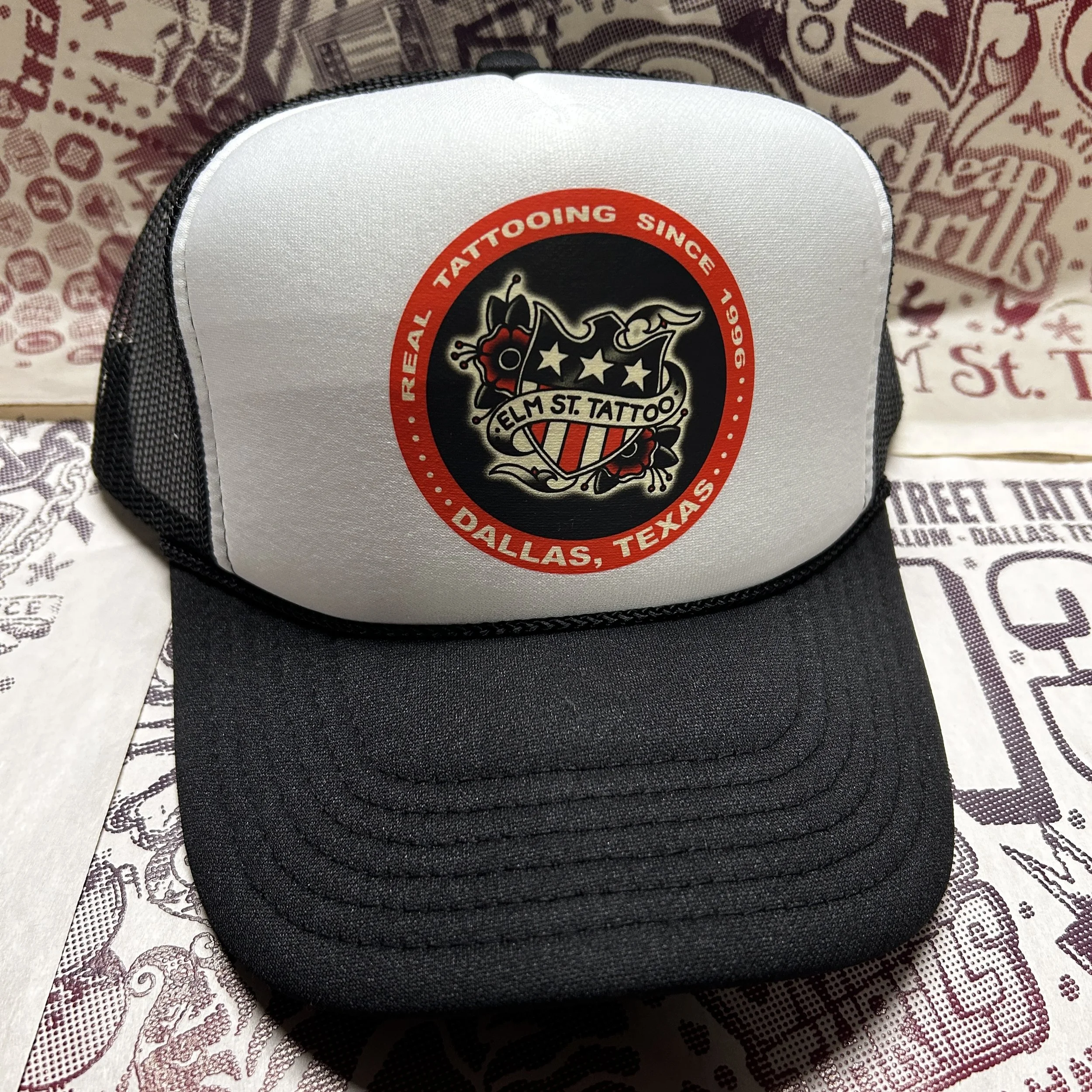 Elm Street Tattoo Shield Logo Graphic Printed Black/White Trucker Hat