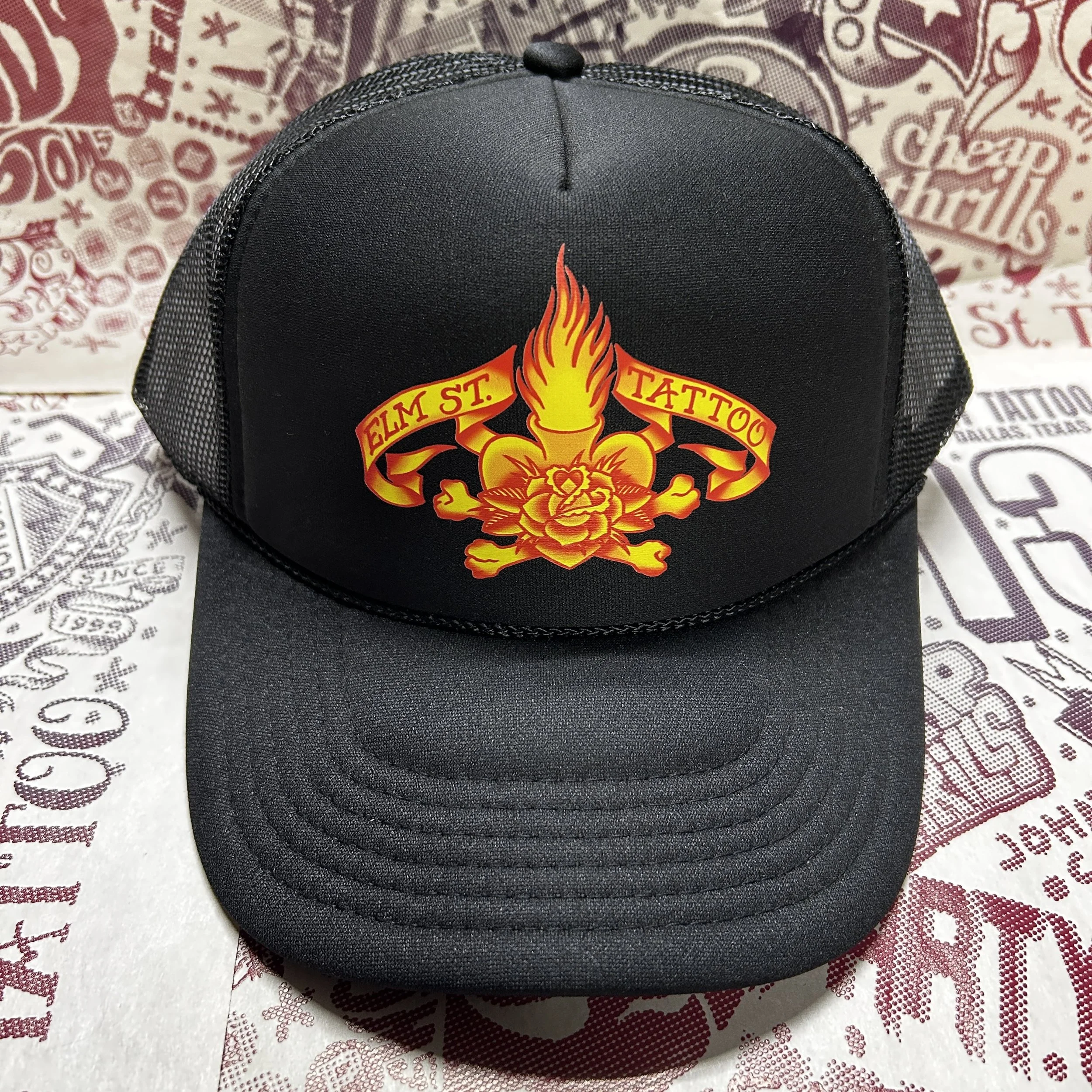 Elm Street Tattoo Sacred Heart Logo Graphic Printed Black Trucker Hat