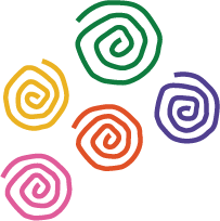 Colorful spiral shapes in yellow, green, purple, red, pink, and violet on a black background.