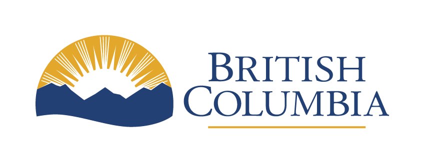 Logo of British Columbia featuring a mountain silhouette, a stylized sun with rays, and the text 'British Columbia' in blue.