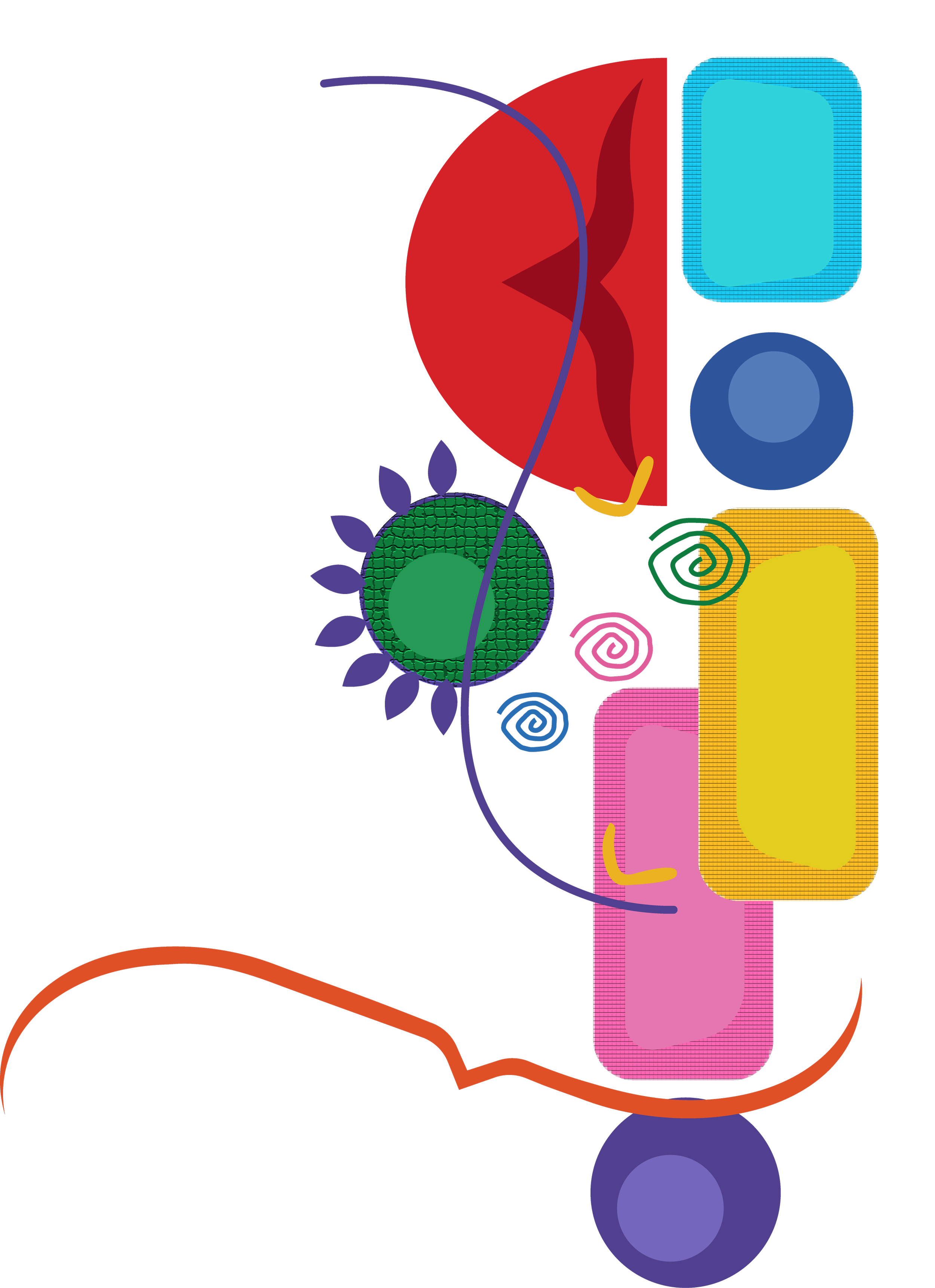 A colorful abstract diagram with various shapes, including circles, rectangles, and spirals, connected by lines and curves, on a black background.