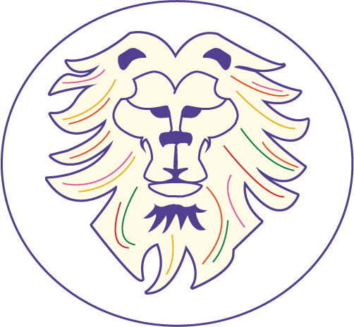 Stylized lion's face in white with colorful lines on a dark background, enclosed in a circle.