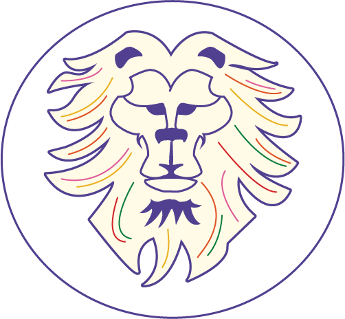 Stylized lion's face logo with colorful accents on a dark background.