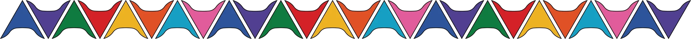 Colorful triangular flags with black borders arranged in a repeating pattern.