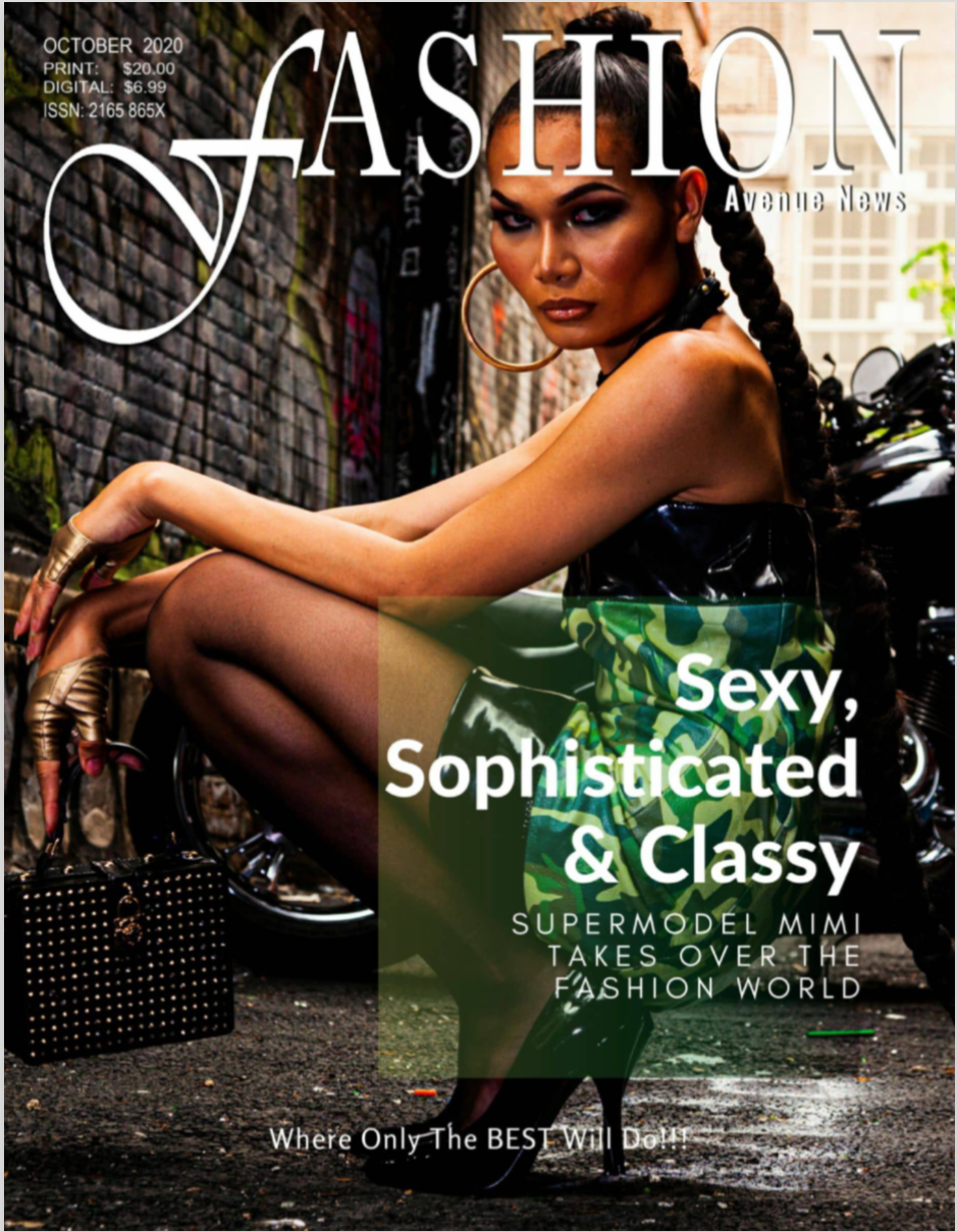 Magazine cover of "Fashion Avenue News" featuring a model with dramatic makeup and braided hair, sitting in a stylish pose. The cover includes text phrases "Sexy, Sophisticated & Classy" and "Supermodel Mimi Takes Over the Fashion World." The model h