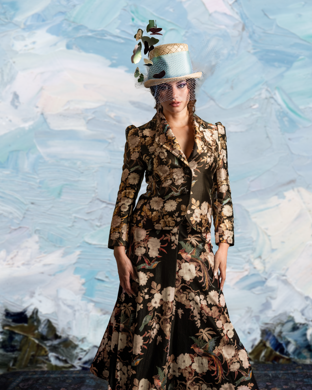 Woman wearing a floral patterned suit and a hat with feathers and mesh veil, standing in front of an abstract painted background.