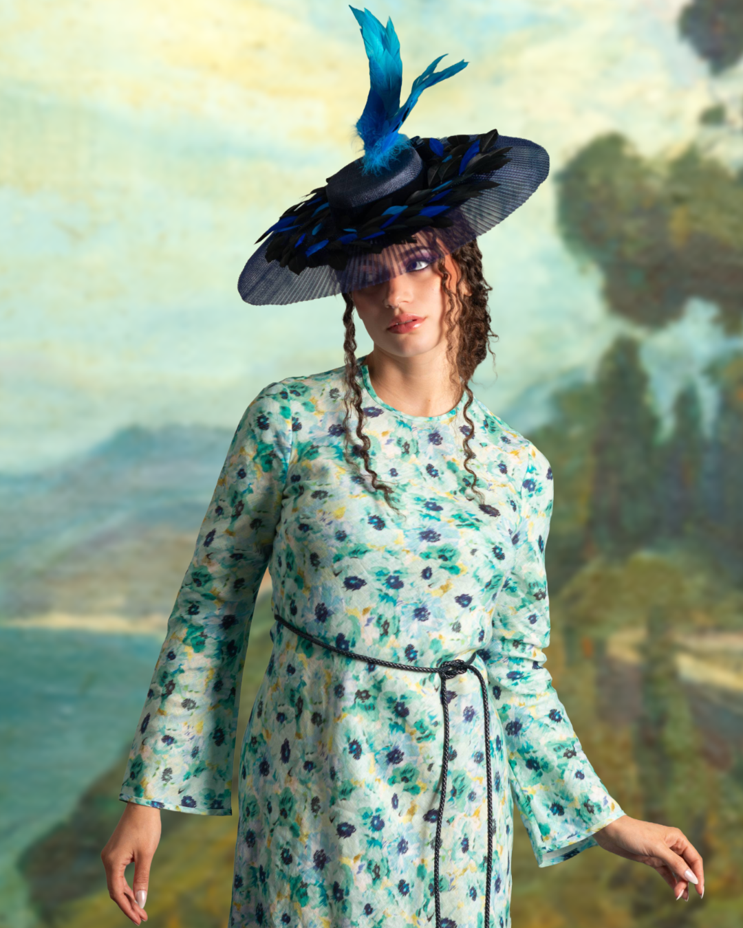 A woman in a floral dress and black belt wears a large, elaborate black hat decorated with blue feathers and ribbons, standing outdoors with a blurred natural landscape background.