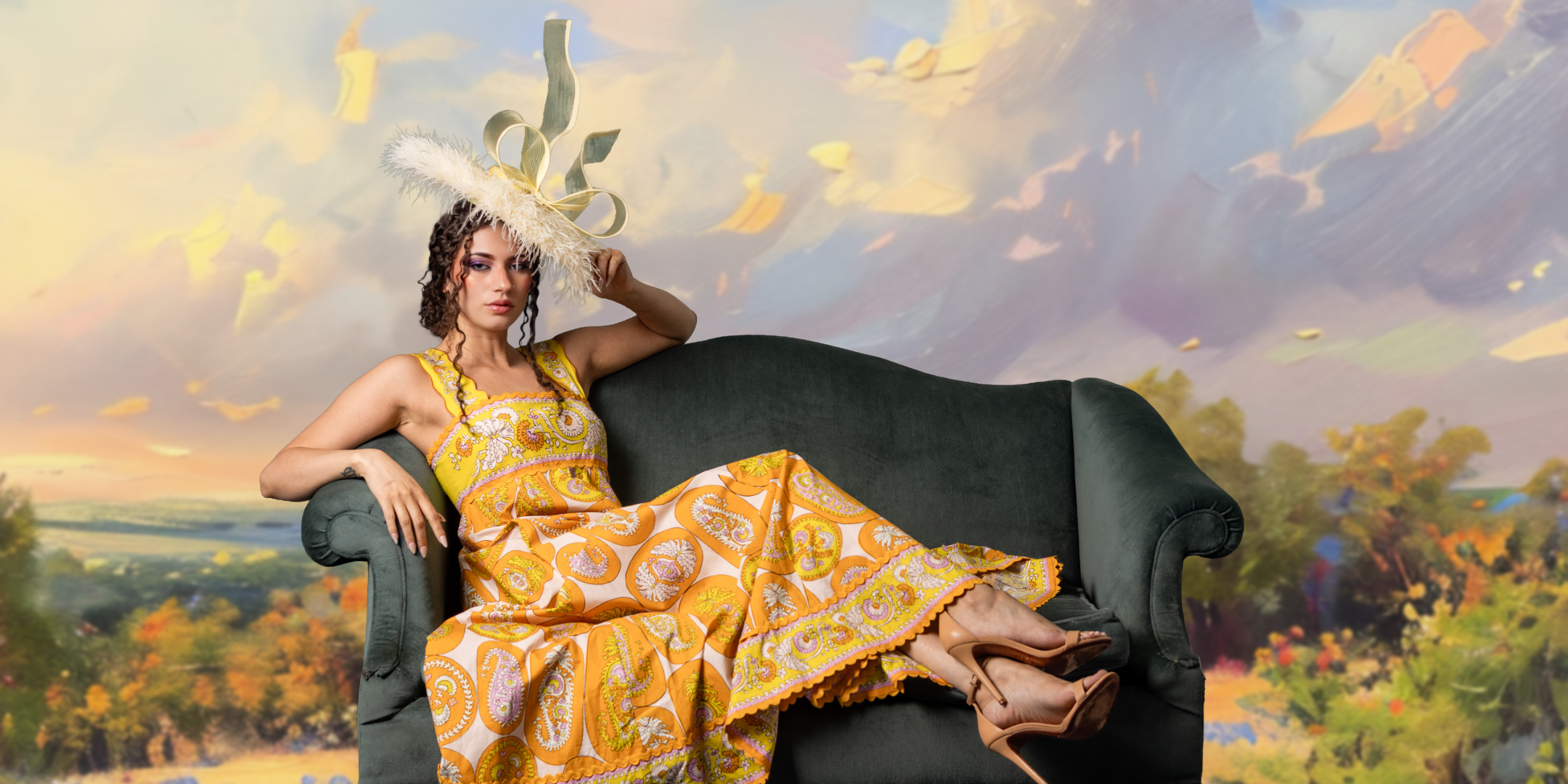 A woman wearing a yellow and orange patterned dress and a large decorative hat is sitting on a dark green couch with a vibrant landscape mural background.