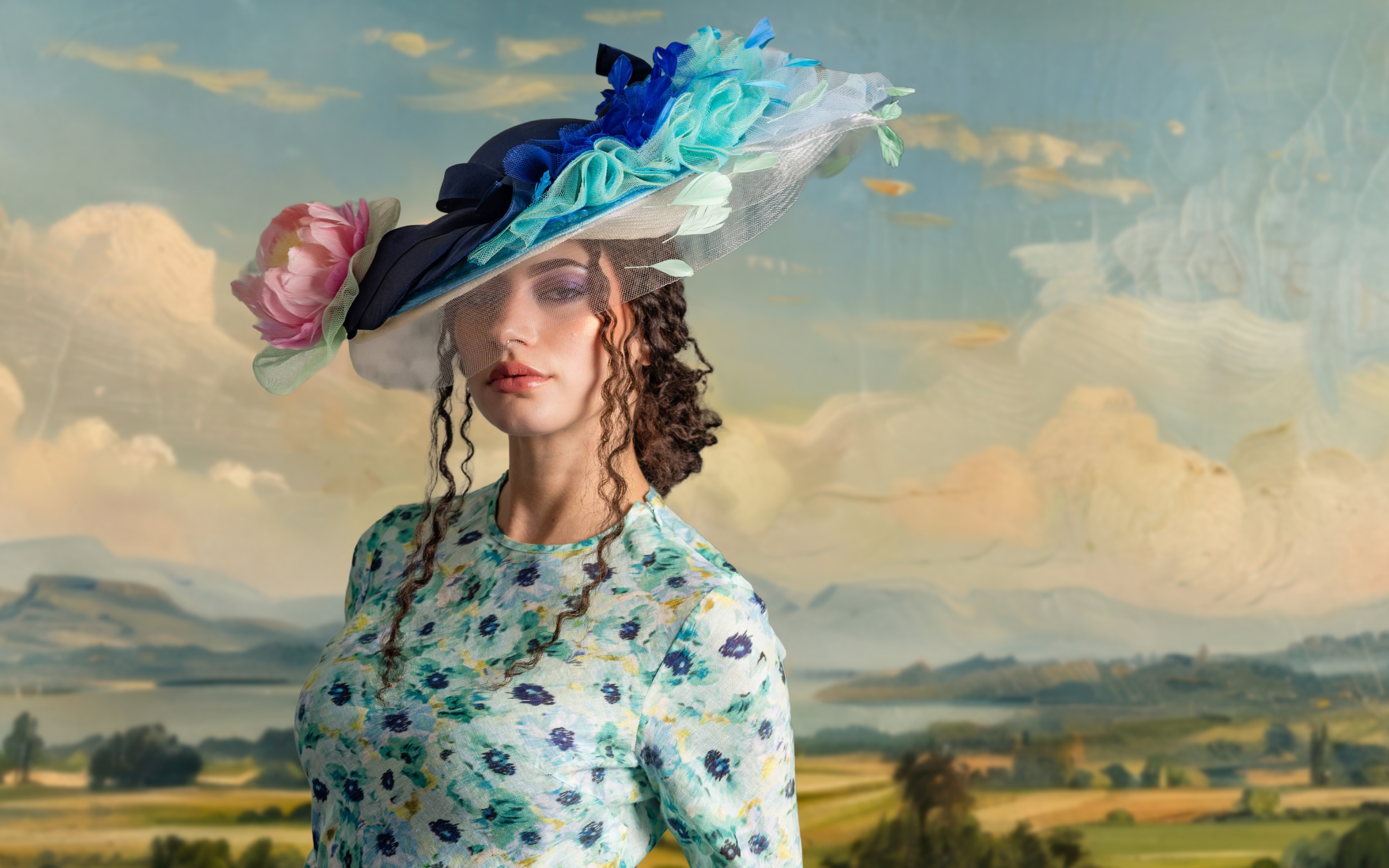 A woman wearing a large, decorative hat with pastel colors and floral accents, standing outdoors with a landscape of fields and trees and a sky with clouds in the background.