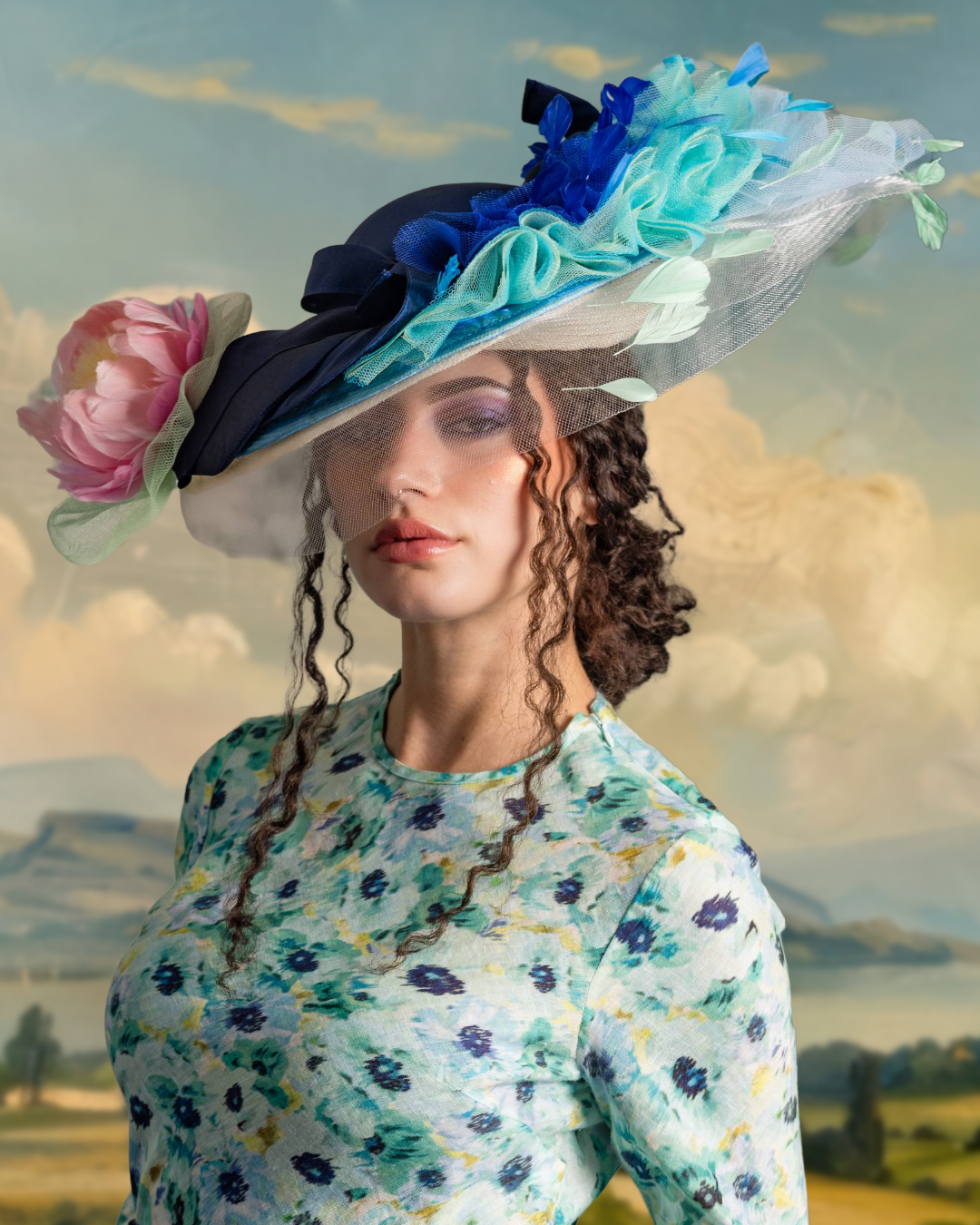 Woman wearing a large floral hat with blue, pink, and green accents, and a floral dress, standing outdoors with a scenic sky and landscape background.