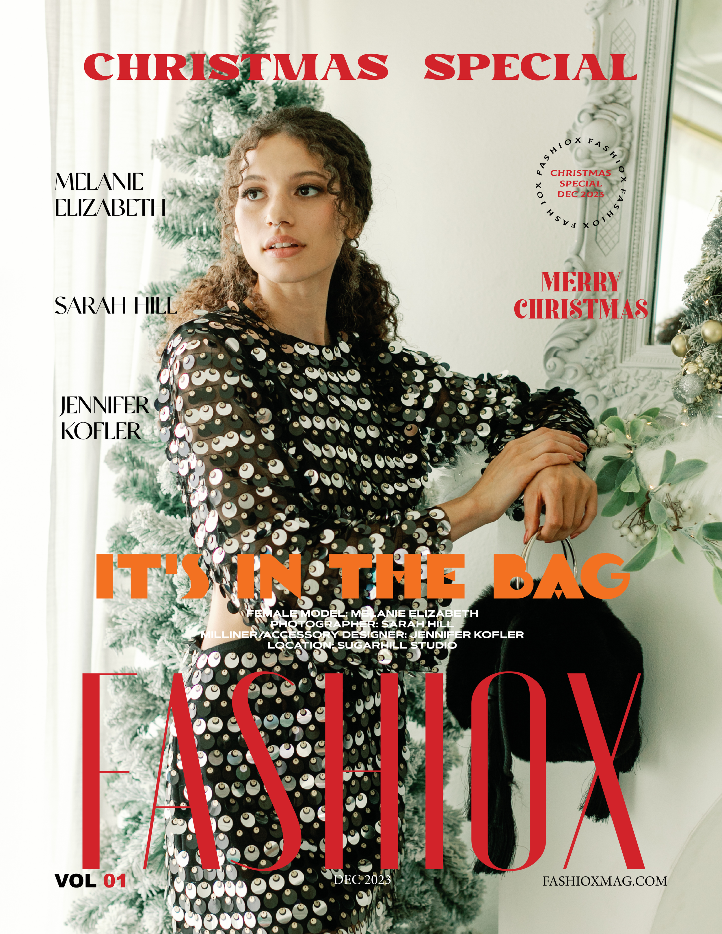 A magazine cover featuring a young woman with curly hair wearing a black dress with large sequins, sitting by a decorated Christmas tree. The cover has text about a Christmas special, with the magazine's name "FashioXMag" and details about the issue and photographer.