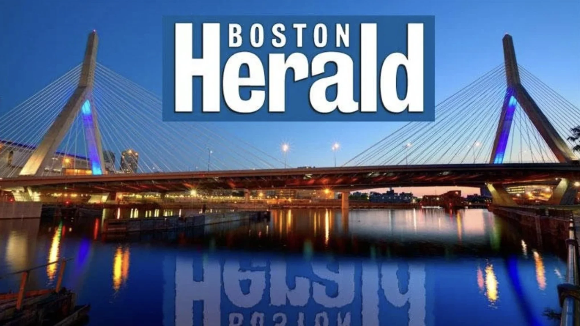 A cityscape featuring a bridge with illuminated cables over a river at dusk, with the text 'Boston Herald' overlaid.