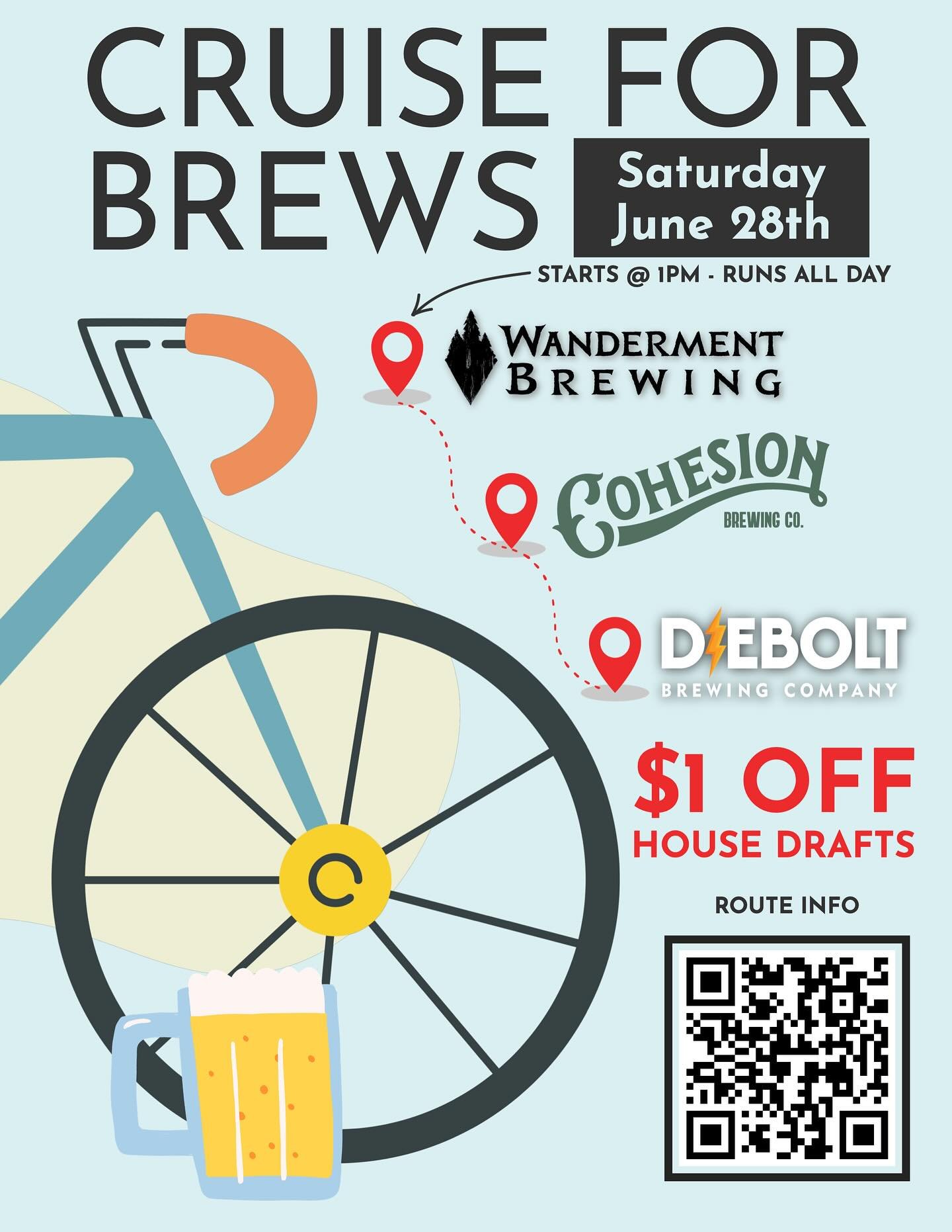 Join us today starting at 1pm and running all day for Cruise For Brews!

Cruise for Brews is a self-guided bike route where people hop on their 🚲 , ride between breweries, have a beer or two at each one, and have a fun time!

Let&rsquo;s start at Wa