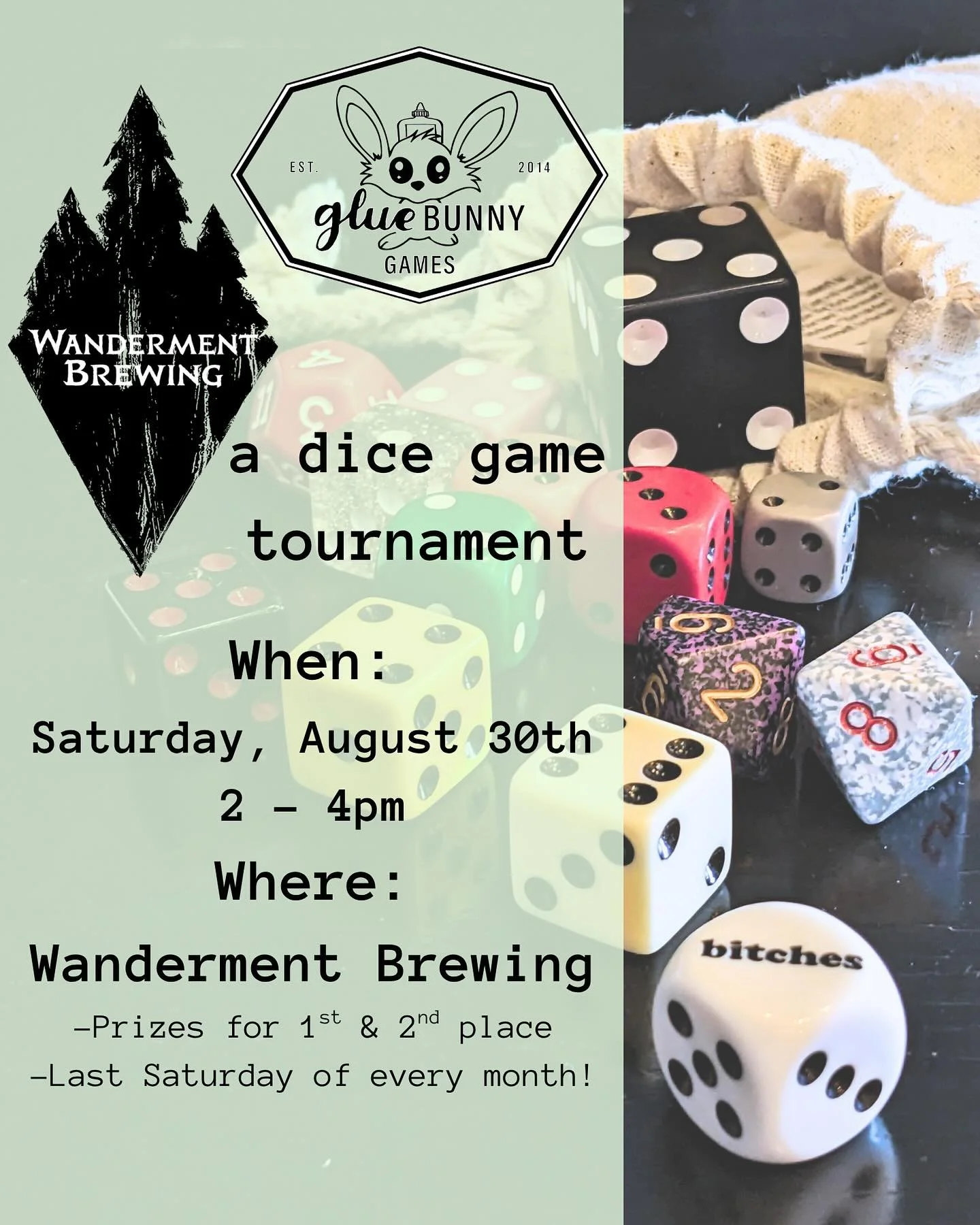 This Saturday we are hosting our monthly Bitches dice tournament from 2-4pm 🎲

It&rsquo;s free to enter and prizes for 1st and 2nd place 🏆

What is Bitches?
It&rsquo;s the unofficial official dice game of breweries created here in Denver by @glue_b