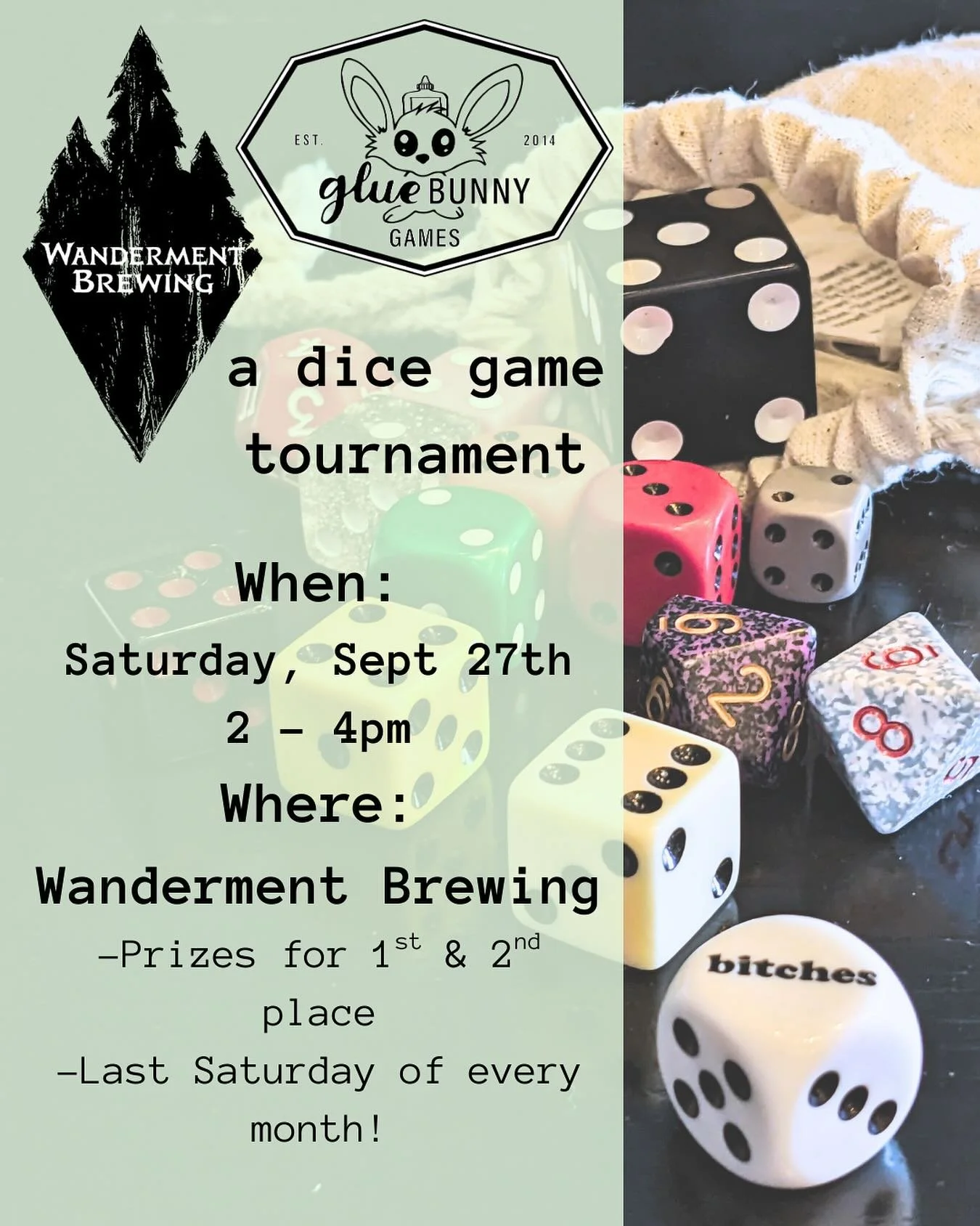 This Saturday we are once again hosting our monthly Bitches dice tournament from 2-4pm 🎲

It&rsquo;s free to enter and prizes for 1st and 2nd place 🏆

What is Bitches?
It&rsquo;s the unofficial official dice game of breweries created here in Denver