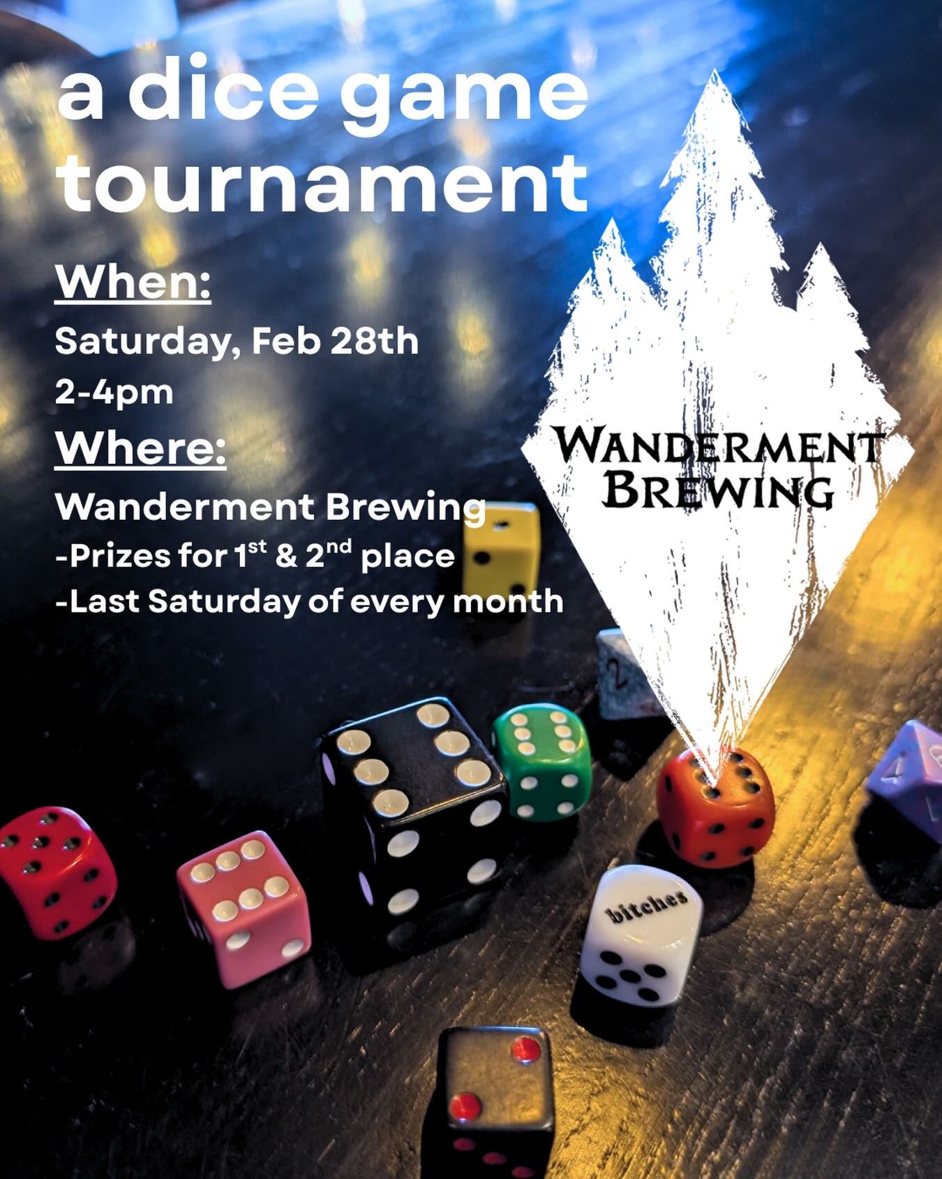 It is once again time to play the unofficial, official dice game of breweries today, B*tches 🎲 

We host a tournament every month on the last Saturday.
The Tournament is free to enter with prizes for 1st and 2nd place.

Dice sets &amp; trays will be