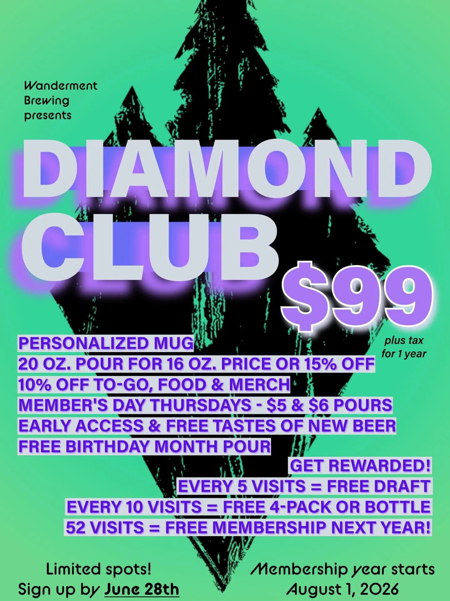 The secret is out 🤫 

We are opening our mug club membership appropriately called the &ldquo;Diamond Club&rdquo; starting today through June 28th to sign up. A year of membership benefits start August 1st. Although you do get a free pint when signin