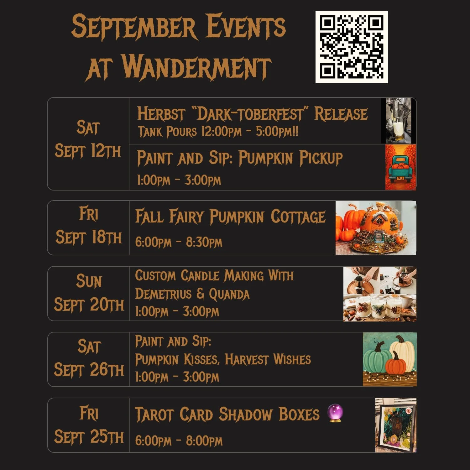 We have a bunch of great events, beer and non-beer, coming up this September that you should partake in if you are 😎. You&rsquo;re not uncool are you?

Use the QR code or go to https://wandermentbrewing.com/events for more details and links on booki