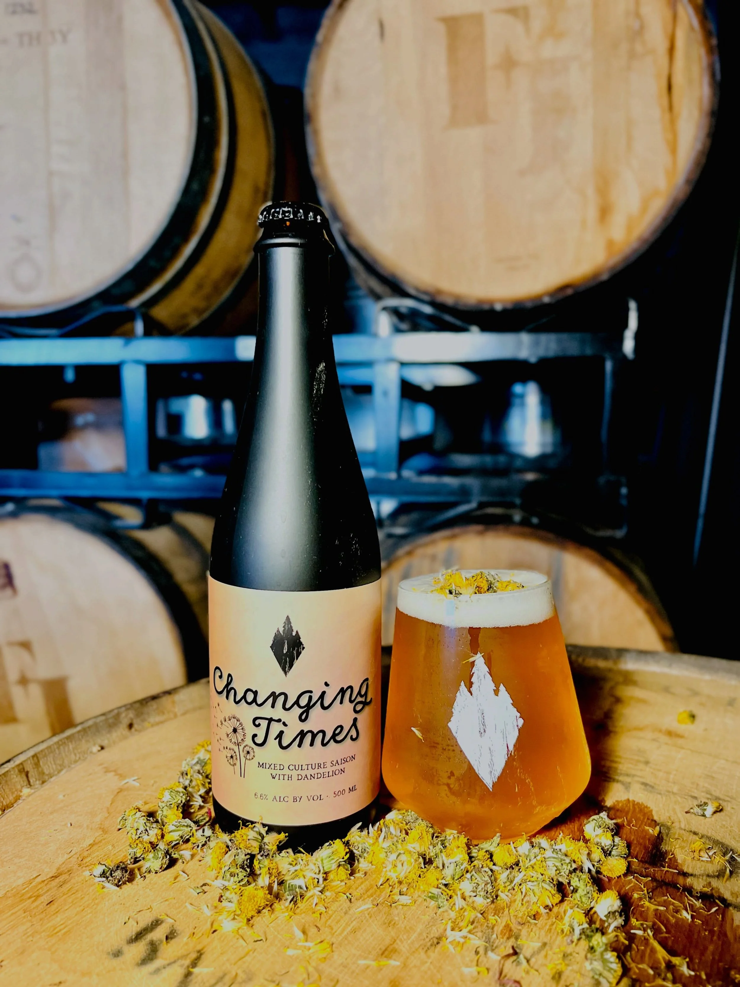 Changing Times
Mixed Culture Saison aged in neutral &amp; gin barrels then conditioned on Colorado wildflower honey &amp; dandelion flowers.

Available on Saturday at the bar in 5 or 8oz pours or 500ml bottles to go.

I&rsquo;ve wanted to make a sais
