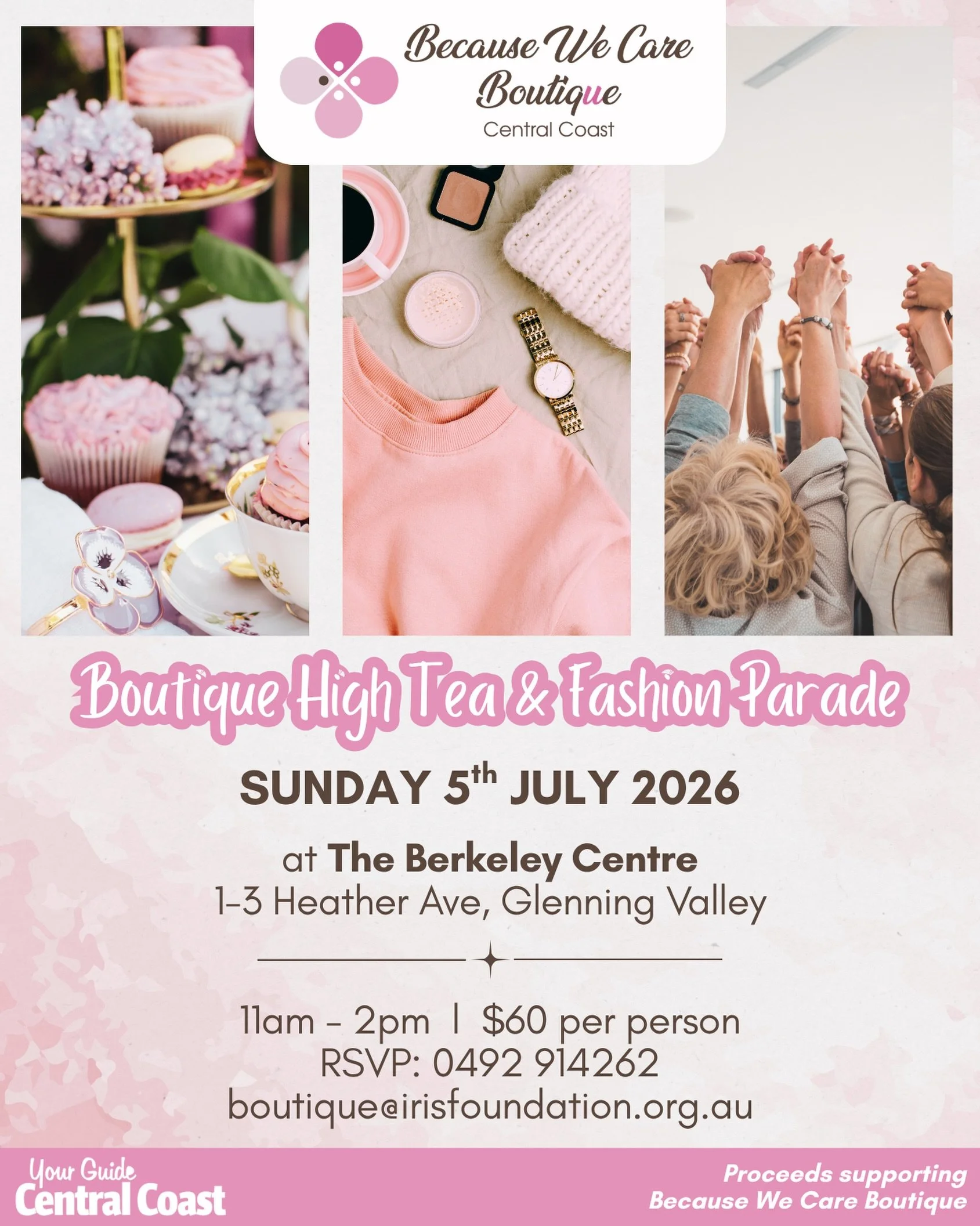 Join us on Sunday 5th July for an afternoon of high tea &amp; a fashion parade, all in support of Because We Care Boutique 💛

Your ticket helps provide clothing, dignity &amp; confidence to women who need it most.

Tag a friend who needs a beautiful