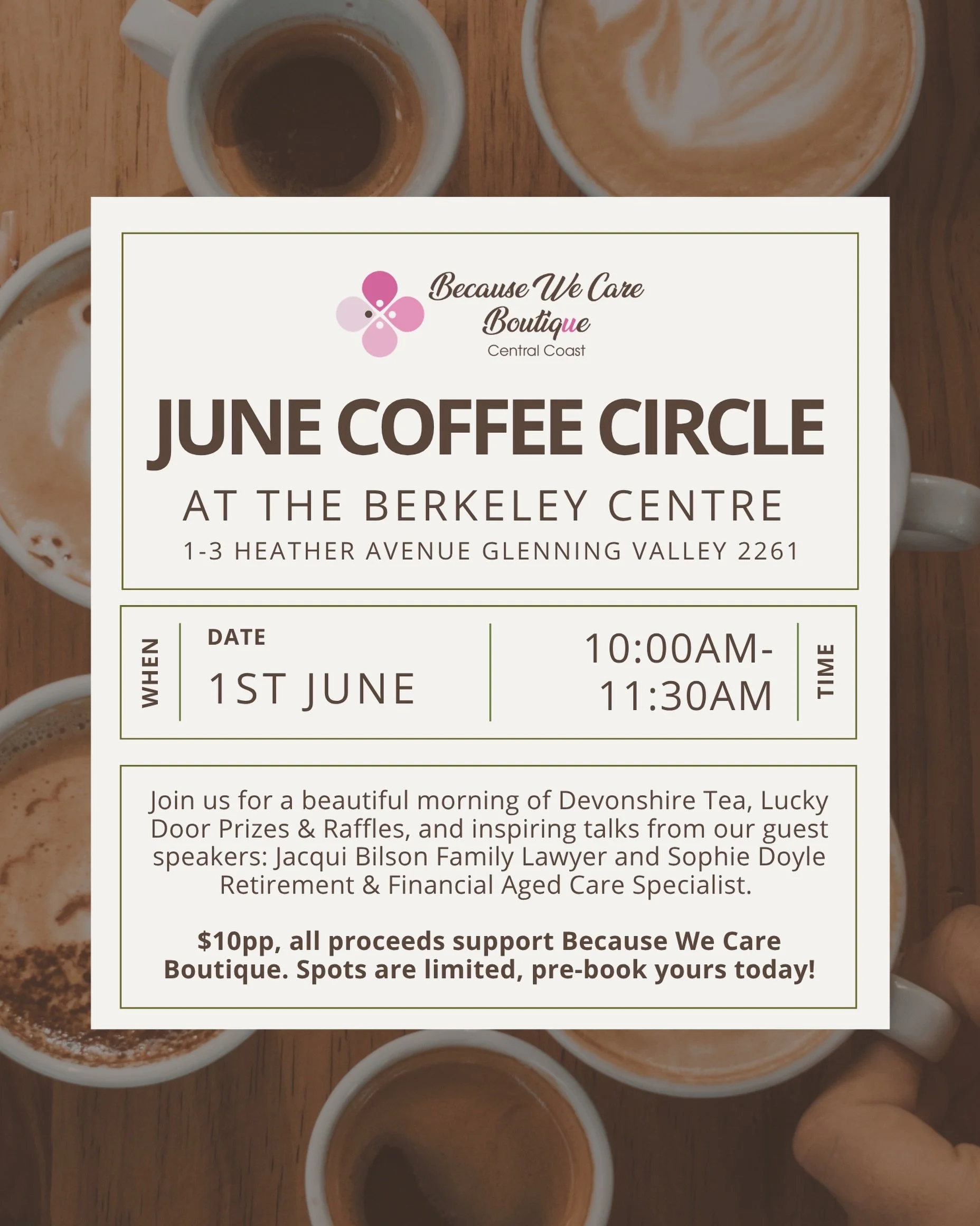 ☕ Join us for our June Coffee Circle! 

Come together over a Devonshire Morning Tea, lucky door prizes, and raffles &mdash; all in support of Because We Care Boutique.

👉 Visit our link in bio to pre-book your spot!