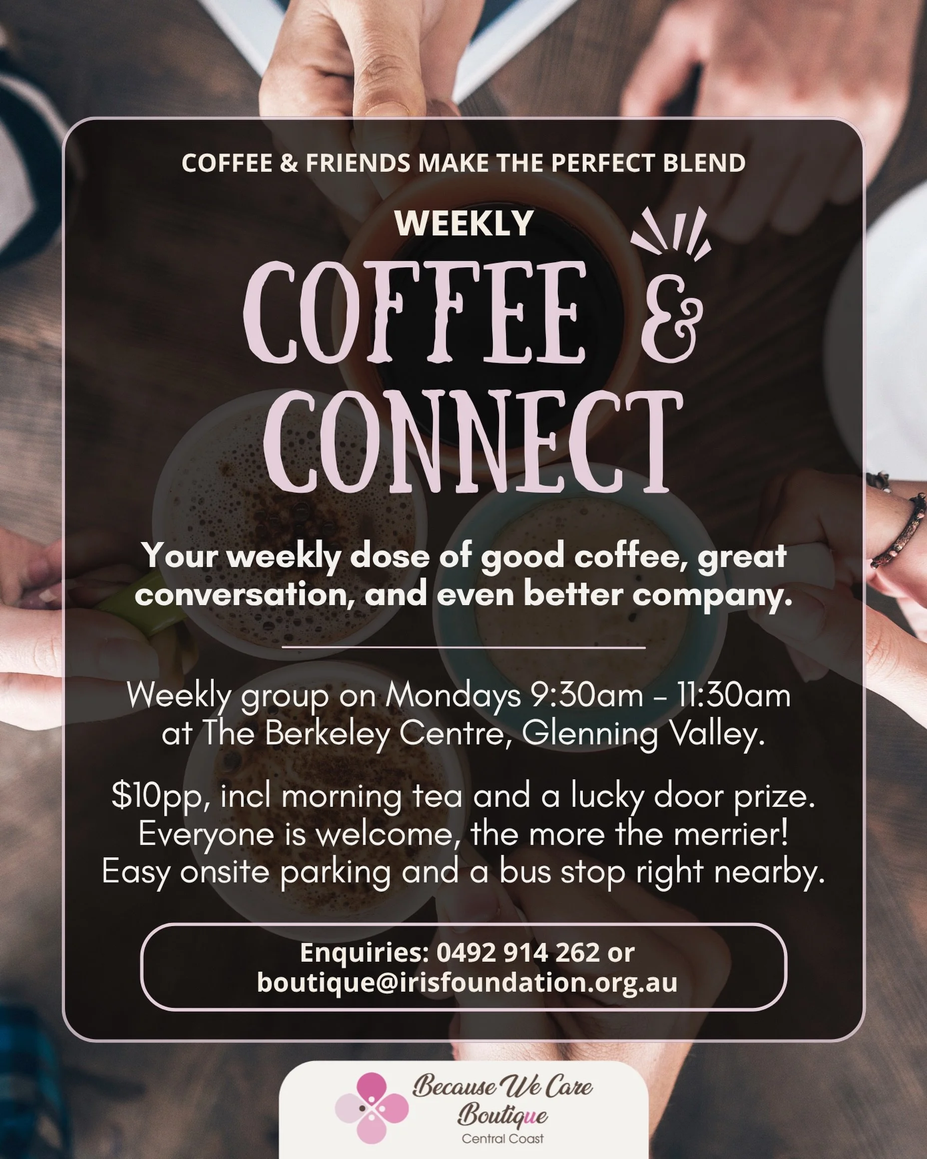 ☕&nbsp;Weekly Coffee &amp; Connect Group ☕

Good coffee, great conversation, and even better company. Come as you are &mdash; everyone is welcome!

📅 Mondays | 9:30am &ndash; 11:30am
📍 The Berkeley Centre, Heather Ave, Glenning Valley
💰 $10pp incl
