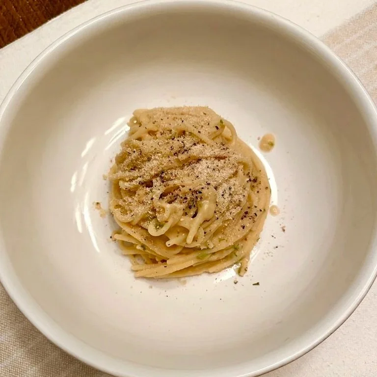 Spaghetti tossed with white bean cream &amp; anchovy