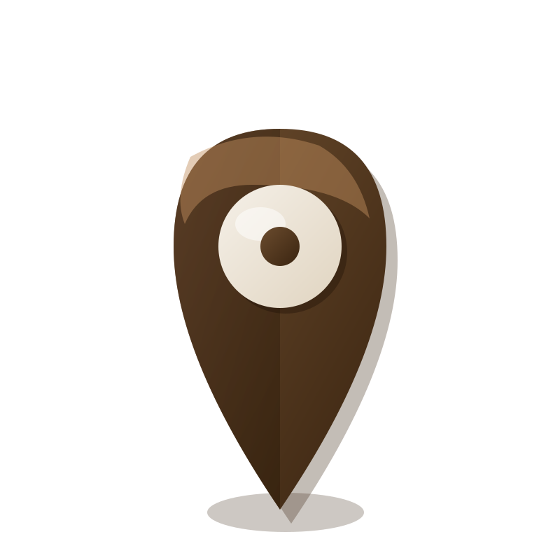 Cartoon map pin shaped like a fish with a large white eye and brown body.