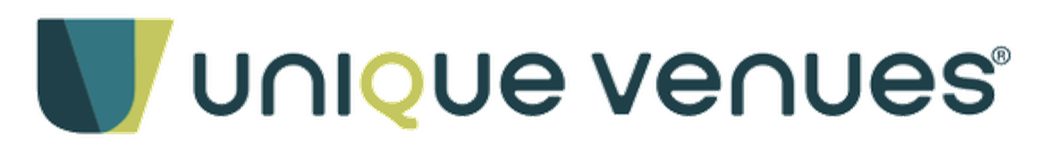 Logo of Unique Venues with a stylized cup icon on the left and the words 'unique venues' next to it.
