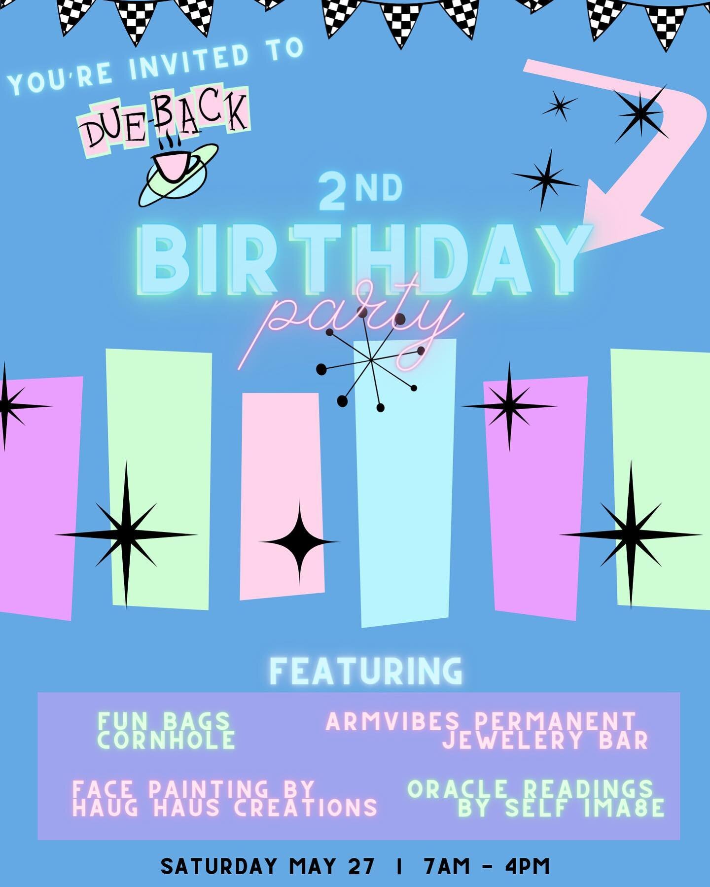 Join us in celebration of our 2nd birthday! 🥳☕️🏁

Featuring special guests and experiences for all on our patio:
&bull; Arm Vibes Bracelet Bar - Permanent Jewelry 
&bull; Oracle Readings by Self Ima8e 
&bull; Corn hole by Fun Bags Cornhole
&bull; F